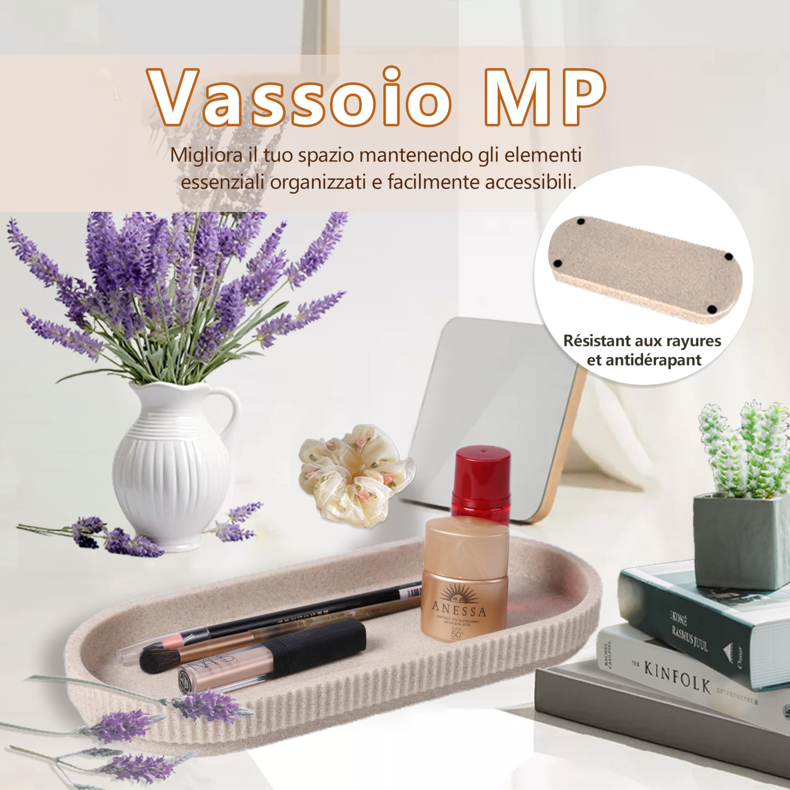 Set Bagno 6 Pezzi – Dispensatore Sapone + Set Bicchiere Dentifricio con Vassoio & Porta Cotton Fioc – Design Righe (Beige), Resina Premium – Include Portaspazzolini & Organizzatore