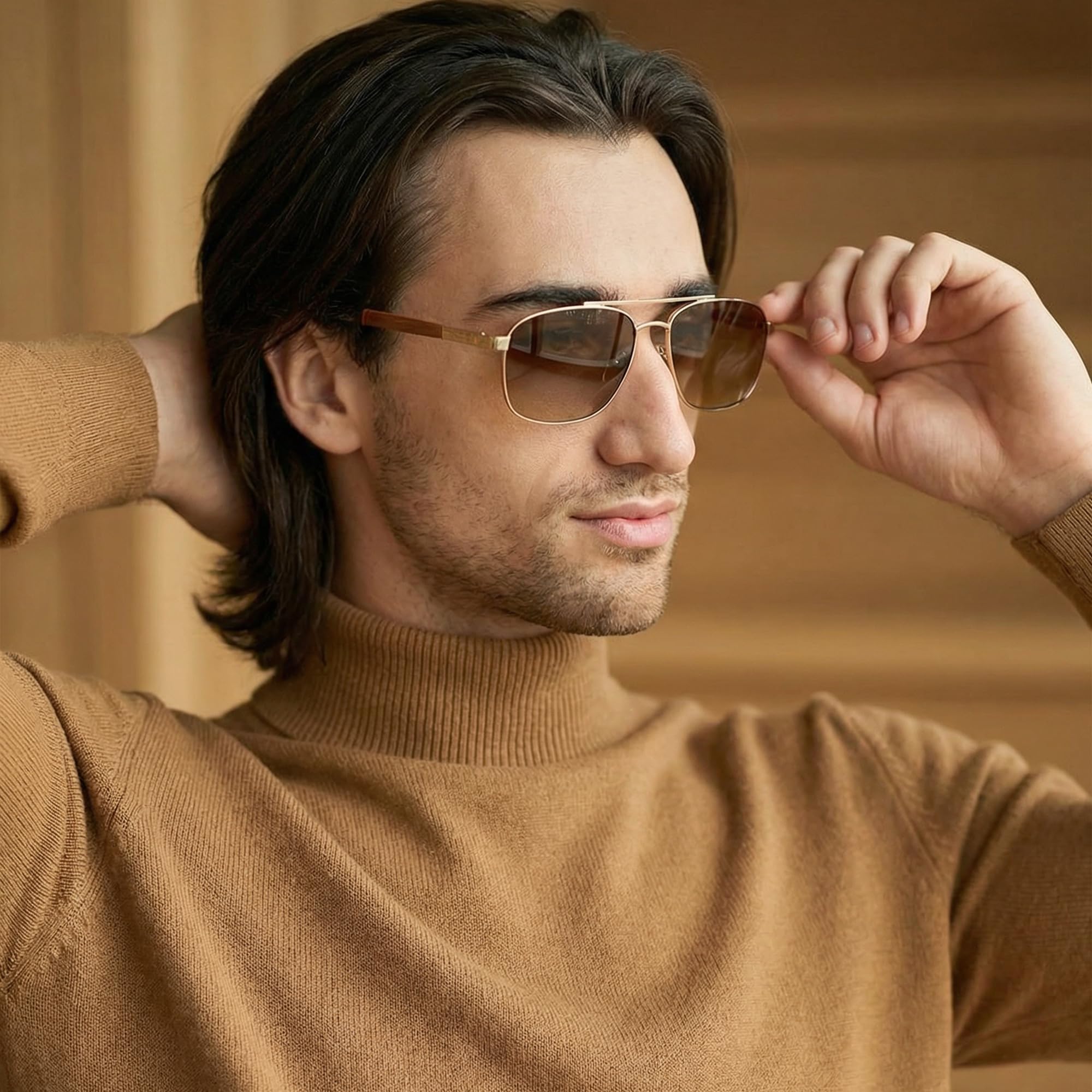 ZENOTTIC Occhiali da sole da uomo donna pilota polarizzati quadrati con tempio degli occhiali in legno e lenti UV400 protezione per la pesca, la guida e il golf