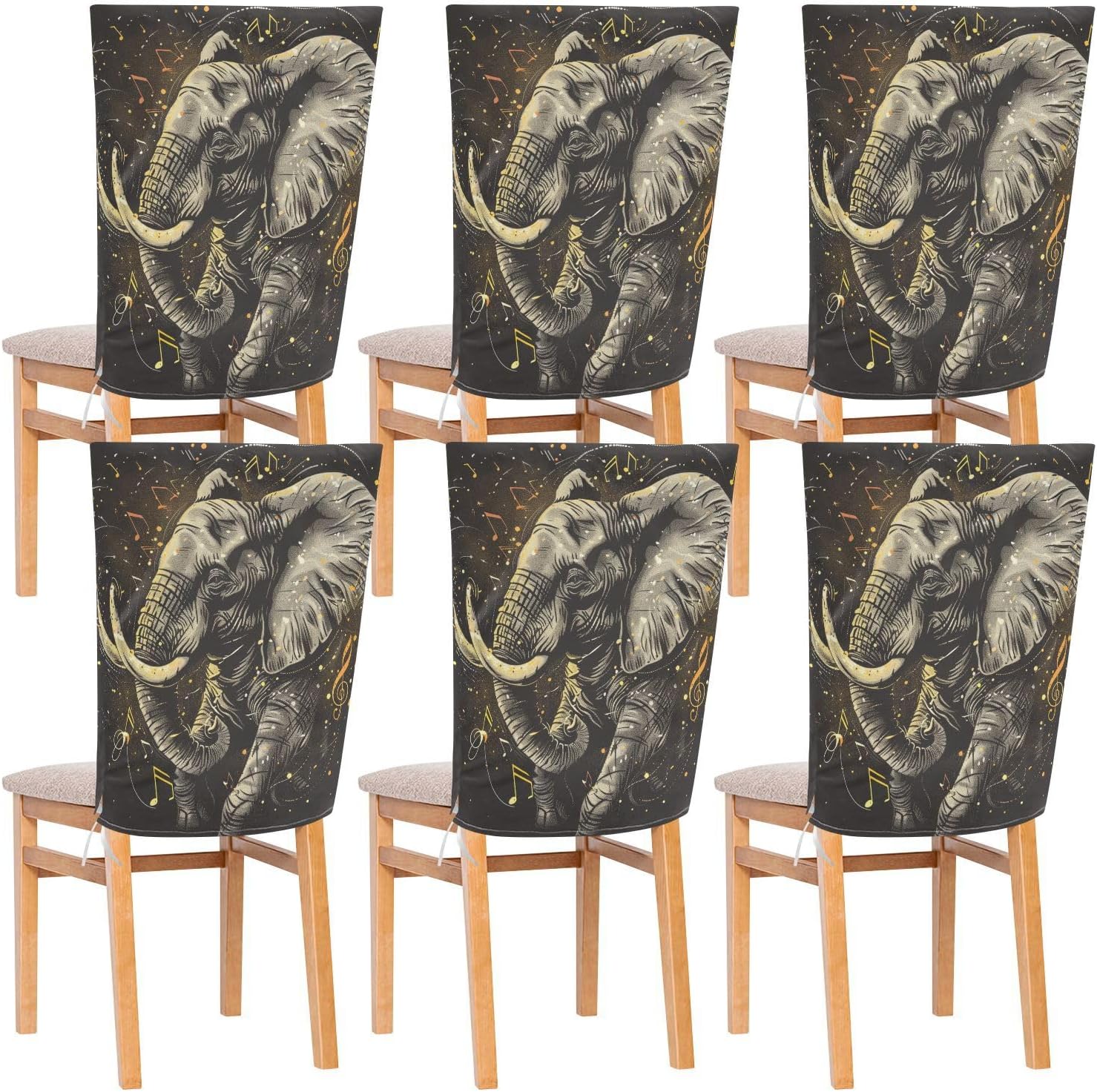 ALAZA Elephant Music Notes Chair Back Cover Set of 6, Washable Reusable Removable Chair Slipcovers Decorative Chair Cover for Home Kitchen Wedding Party