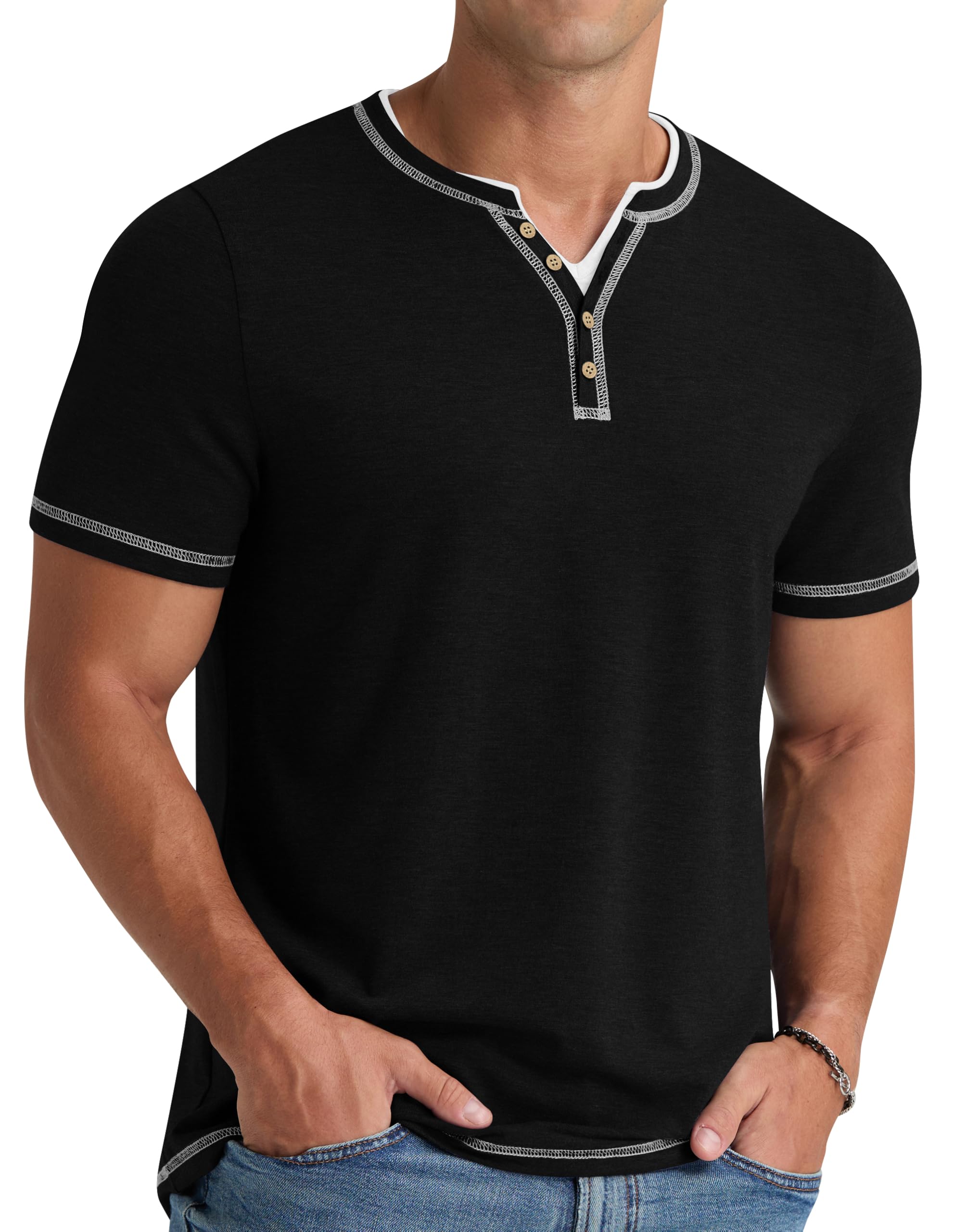 NITAGUT T-Shirts for Herren Kurzarm V-Ausschnitt Knopfleiste Männer Henley Tee Shirts Sommer Lässige Slim Fit Tops