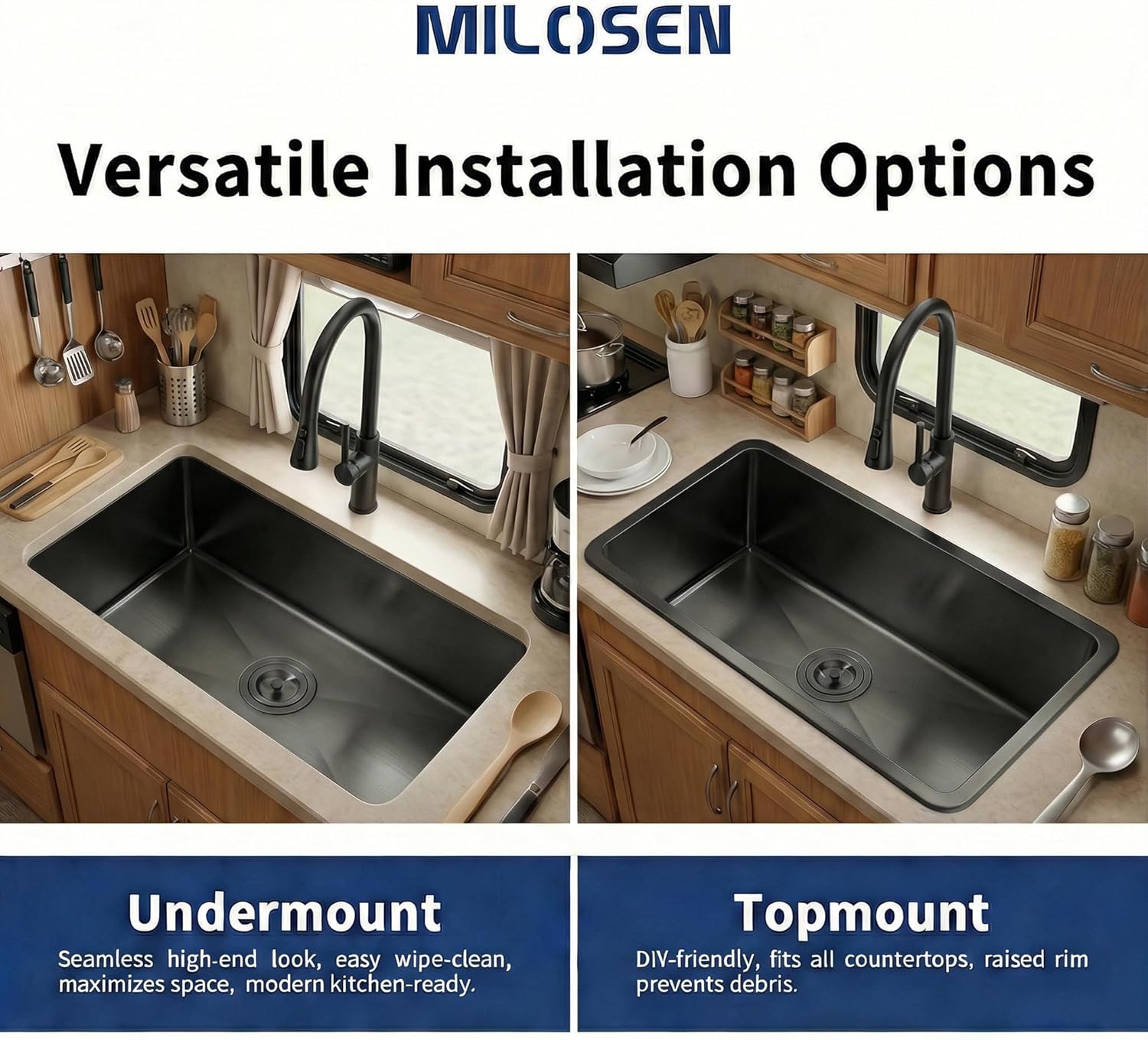 MILOSEN Black RV Kitchen Sink, 27''×16''×7'' 16 Gauge T304 Stainless Steel Drop-in/Undermount Black RV Sink, Single Bowl Sinks for Caravans/Campervans & Site Cabins, 7 inch Depth Outdoor Trailer Sinks
