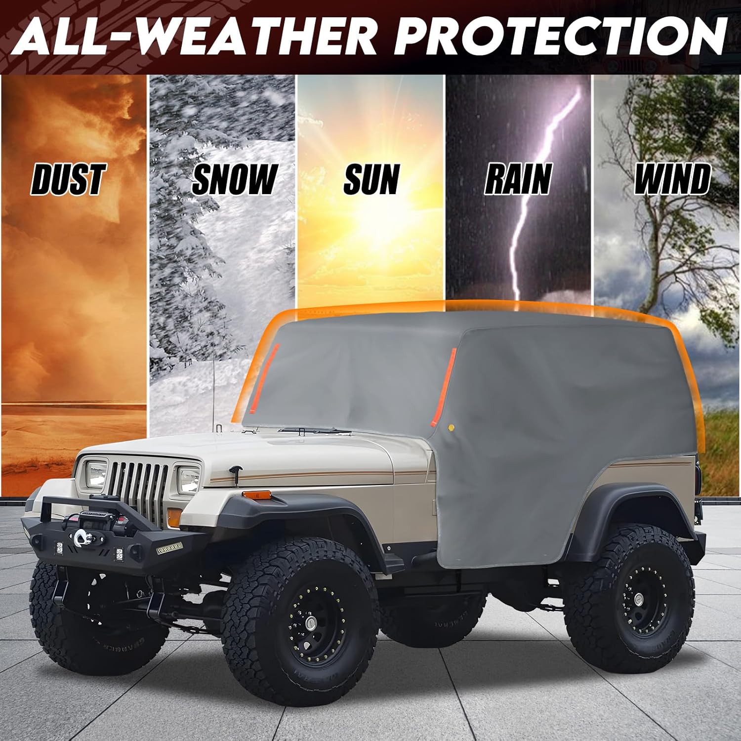 389G Heavy Duty PVC Cab Cover Compatible with 1987-1991 Jeep Wrangler YJ, Waterproof Half Cover with Cotton Lining for YJ Topless Protection, All-Weather Summer Trail Cover for Rain & UV