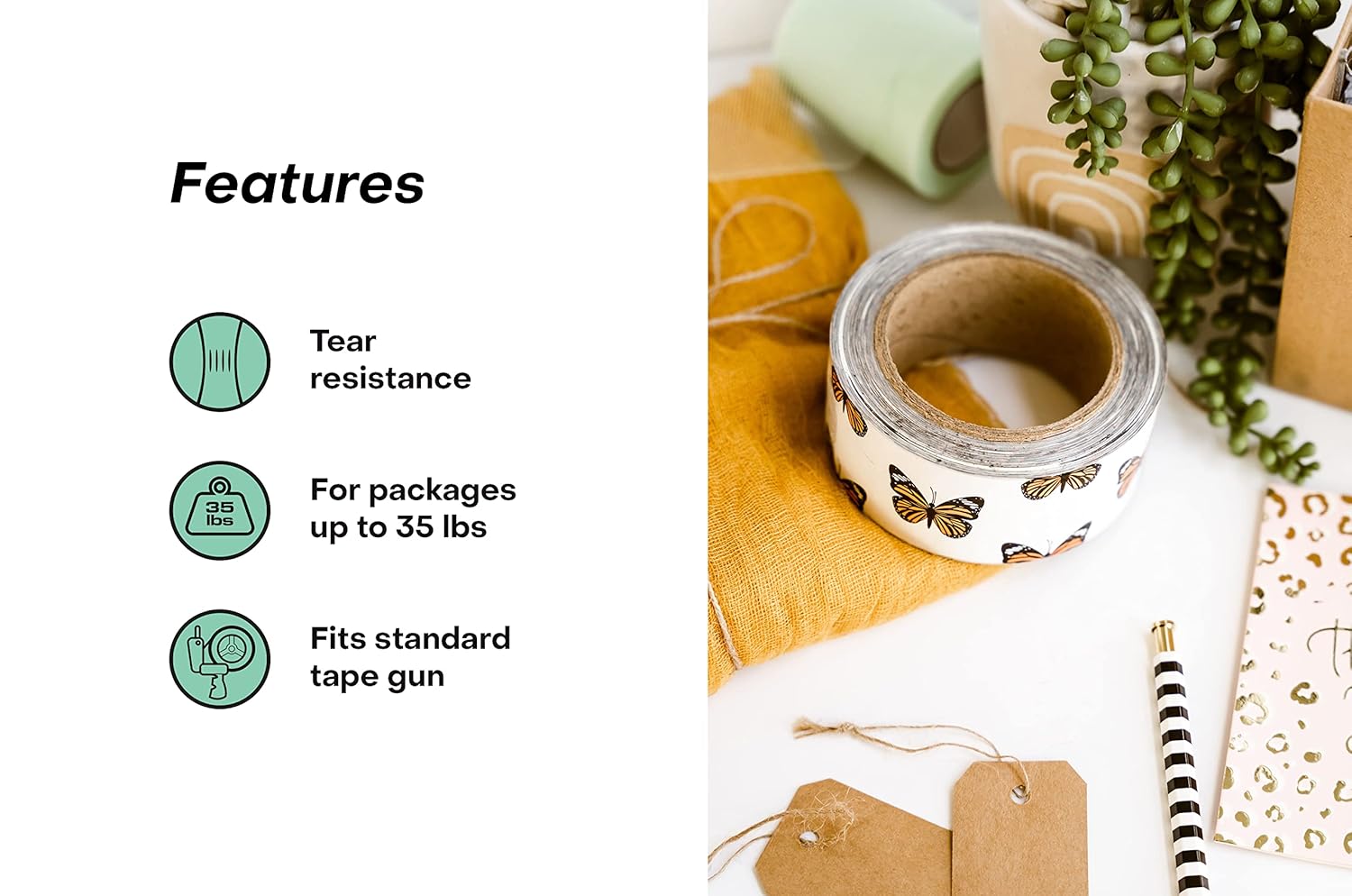 Package Mint Decorative Packing Tape - 2 Inch x 110 Yards (330 Ft) - Easy-to-Use Cute Shipping Tape for Small Businesses - Tear-Resistant Box Sealing Roll for Secure Packaging - Monarch Butterflies