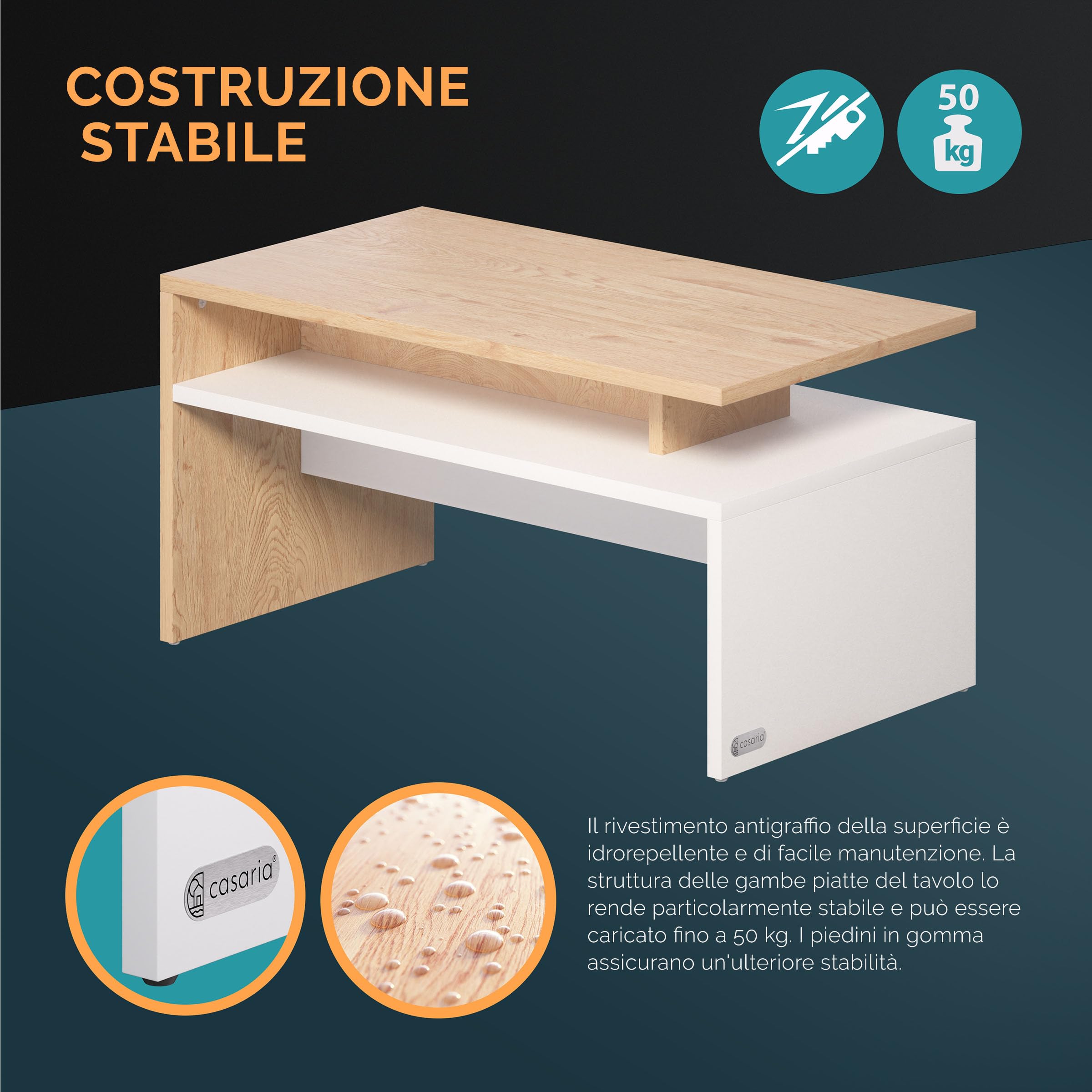 Casaria® Tavolino Salotto da Divano 95x55x50cm Mobiletto Basso in Legno Carico Max 50kg Tavolo Moderno Soggiorno da Caffé da Pranzo Coffe Table Letto