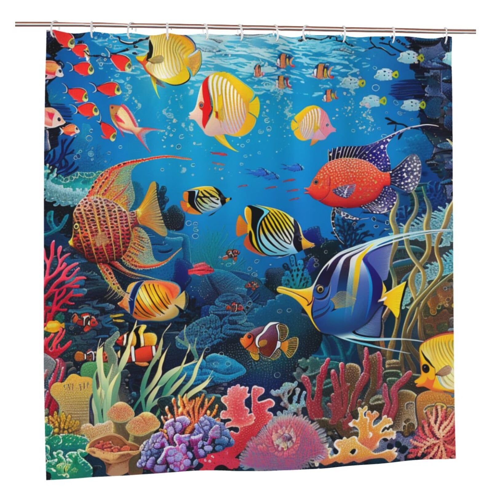 BWWHCCTI The Underwater World Tropical Fish Printed Shower Curtain With 12 Plastic Hooks Opaque Quick Drying Waterproof Shower Curtains Sets For Bathroom 183x183 CM