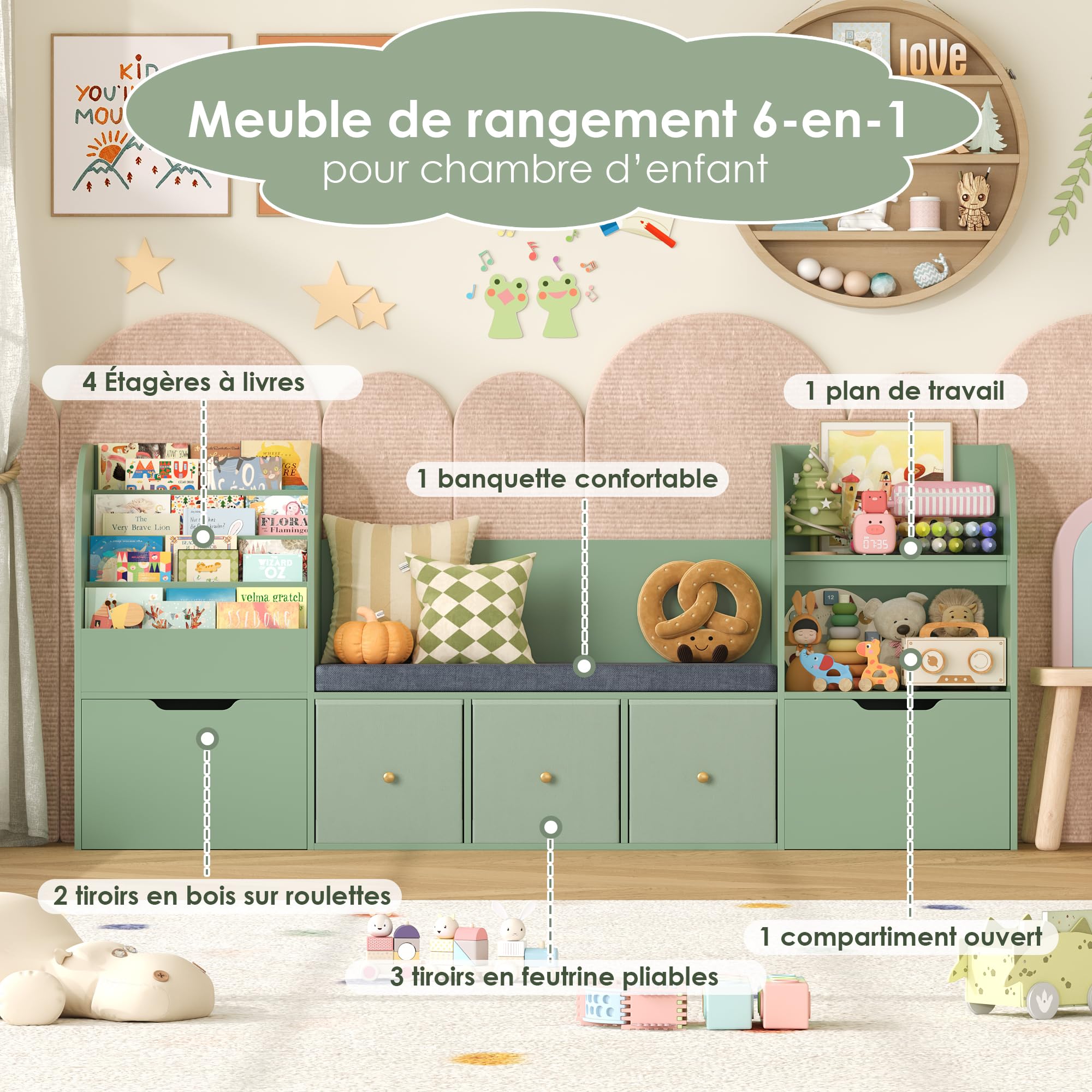 FOREHILL Meuble Rangement Enfant 180cm Bibliothèque Enfant avec Banc Vert