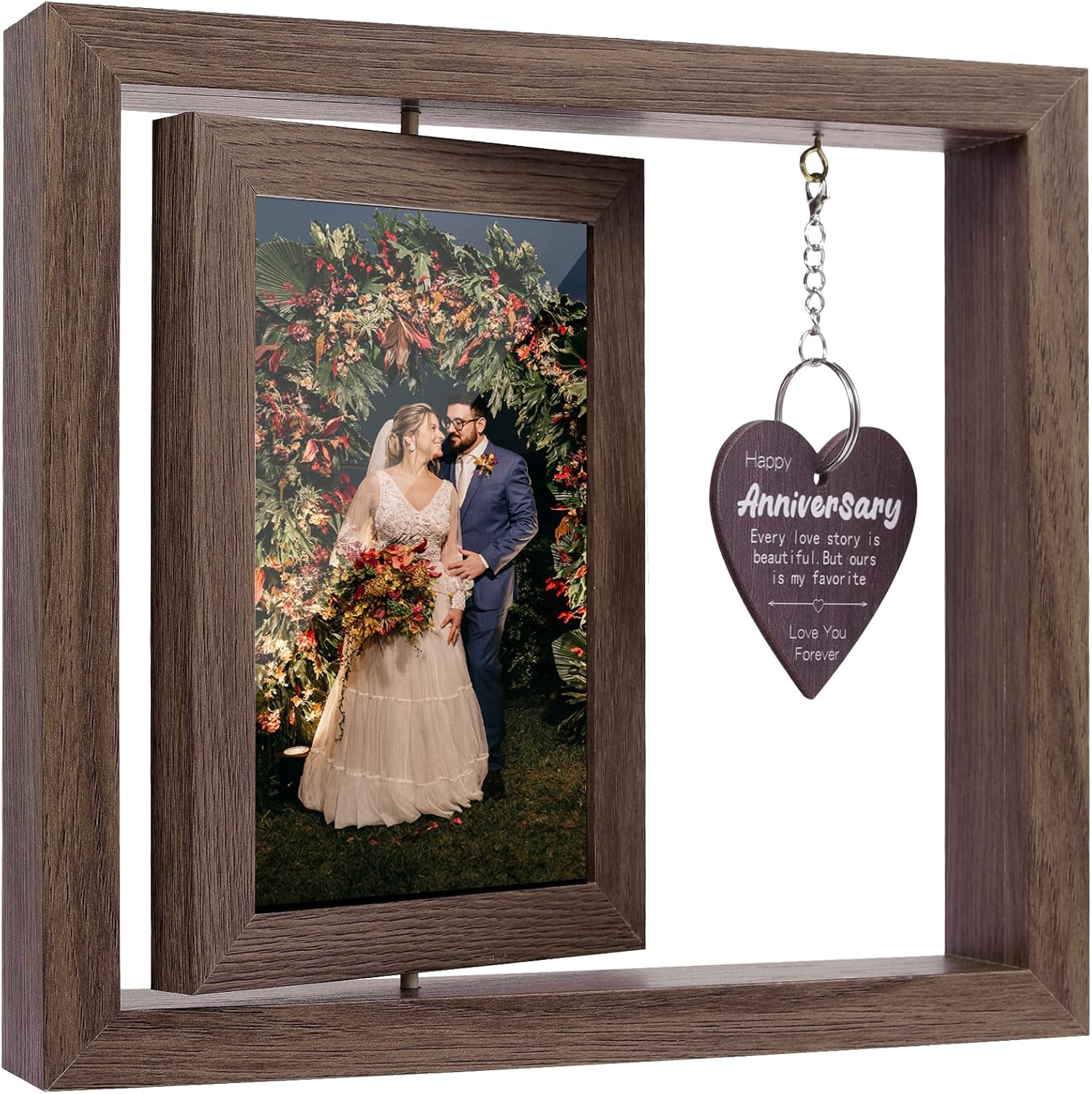 Happy Anniversary Picture Frame, 4x6In Double-Sided Walnut Anniversary Frame Gift for Her Frame, Anniversary Rotating Photo Frame for Couples, Wedding, Engagement, Renewal Couples Gift