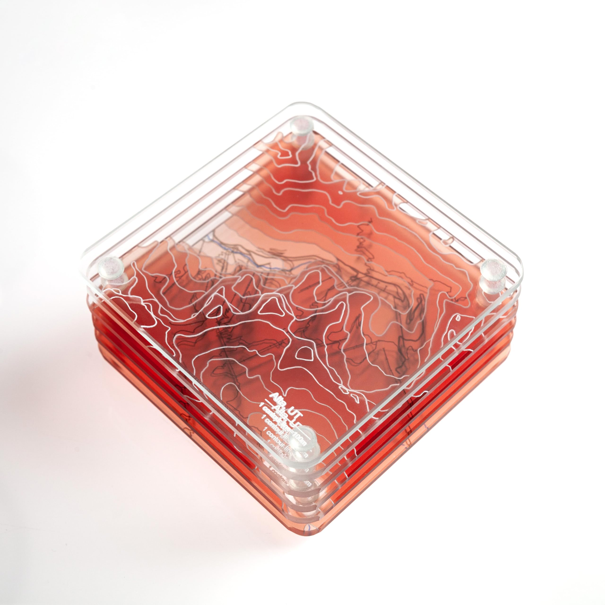 Alta, Utah 3D Contour Map Glass Drink Coasters of Mountains, Ski Resort, set of 6 with Holder, Housewarming Birthday Gifts, Home Décor