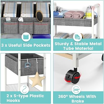 LIDTOP 2In1 Baby Diaper Caddy & 3-Tier Rolling Diaper Cart, Organizer with Dividers, Metal Detachable Bedside Cart for Baby Nursery Essentials, Large Capacity, Easy to Assemble, White