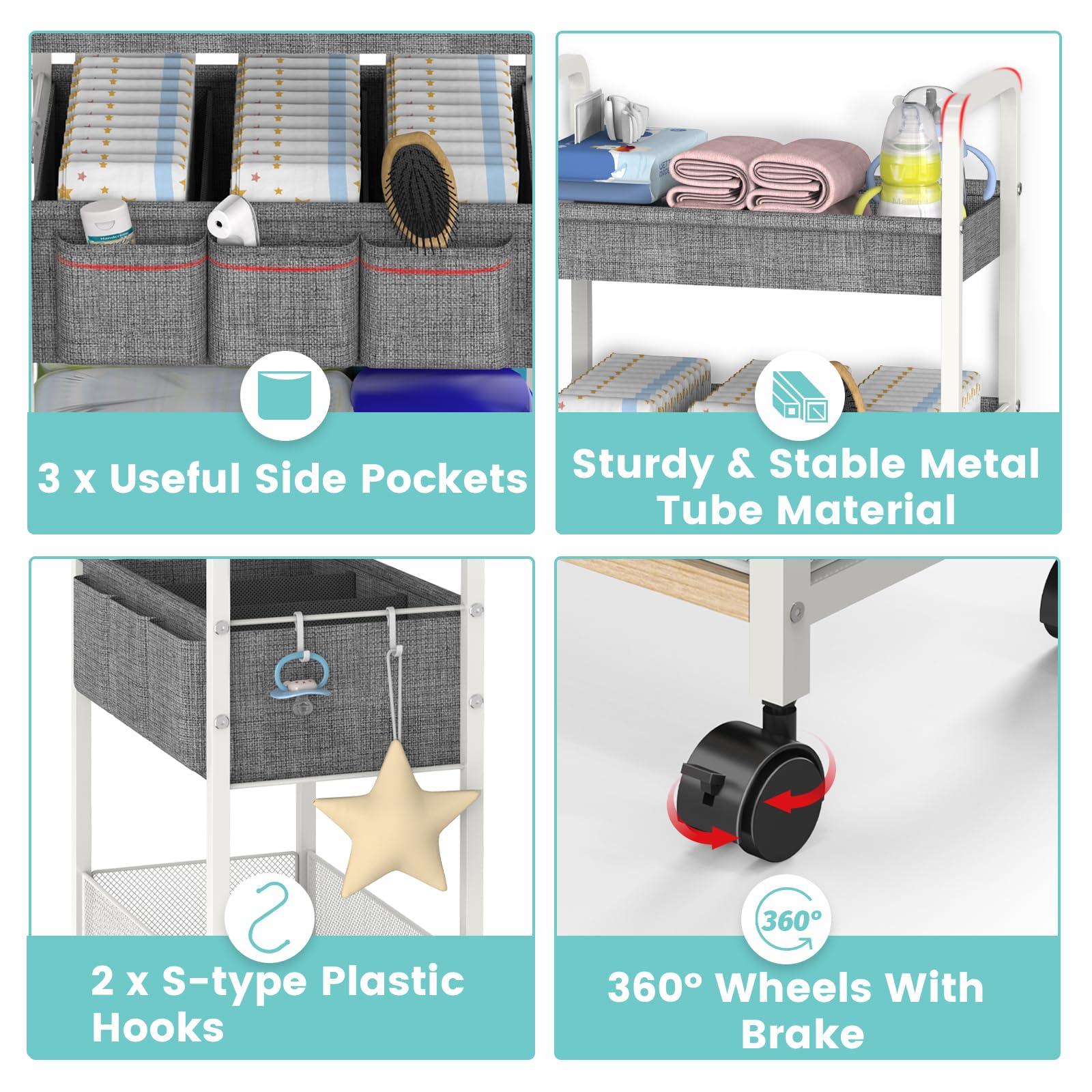 LIDTOP Carrito de pañales 2 en 1 para bebé y carrito de pañales con ruedas de 3 niveles, organizador con divisores, carrito de noche desmontable de metal para artículos esenciales del cuarto del bebé