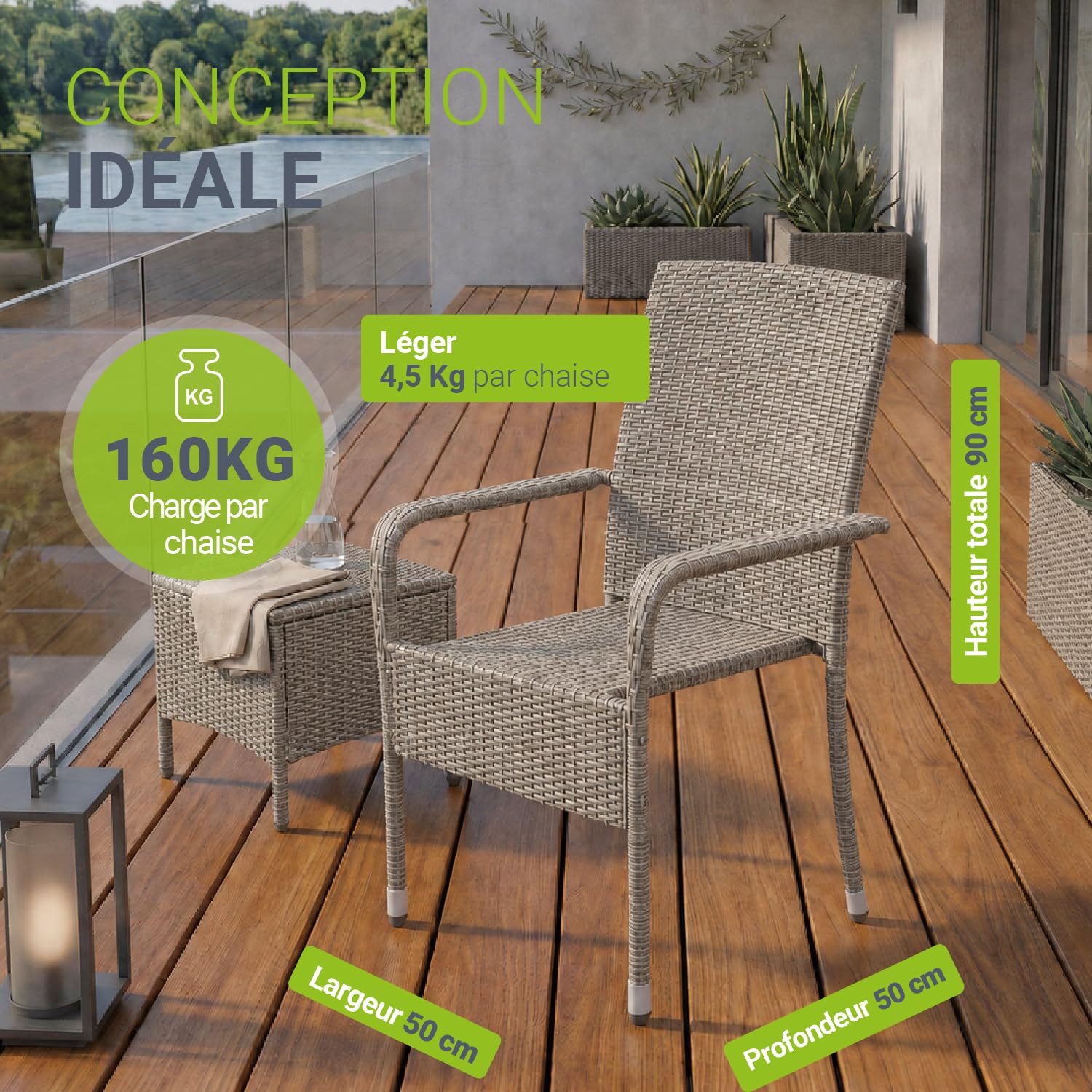 Juskys Ensemble de 4 chaises de Jardin Yoro en rotin avec accoudoirs et Dossier - 4 chaises empilables - Chaise en rotin pour Le Jardin - Chaise empilable Chaise de Balcon Gris chiné