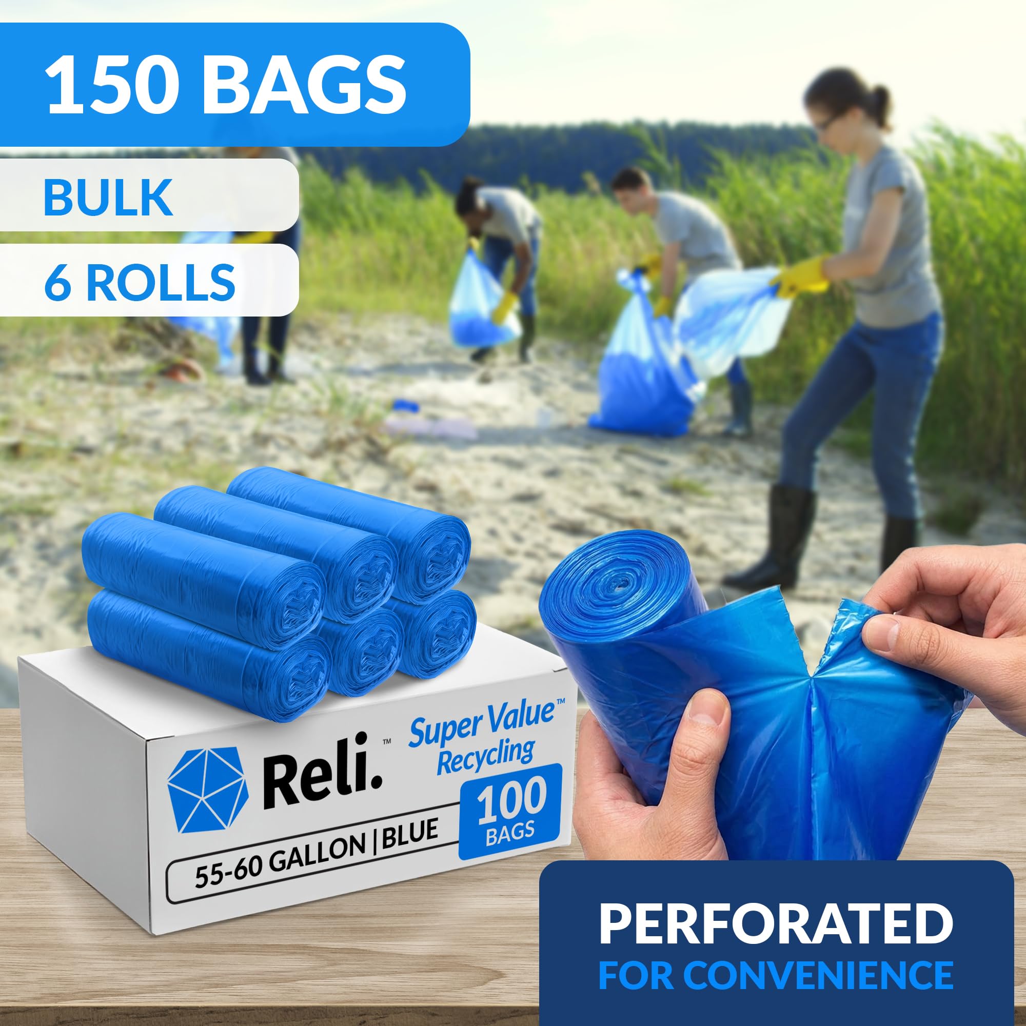 Reli. SuperValue Worki do recyklingu 150–150 l, luzem, wyprodukowane w USA, niebieskie worki na śmieci 127 l, 150 l, duże, niebieskie worki na śmieci 150 l, wytrzymałe worki na śmieci