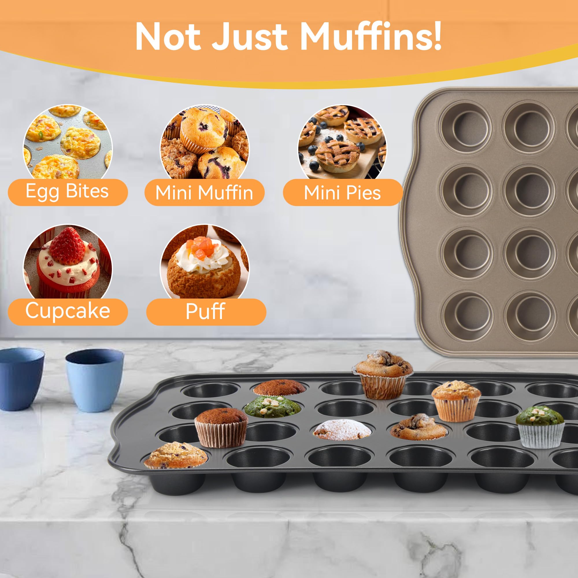 Mini-Muffinform für 24 Muffins, 2 Stück, Mini-Cupcake-Formen, antihaftbeschichtet, Schnellverschluss-Beschichtung, PTFE-frei und spülmaschinenfest, Grau