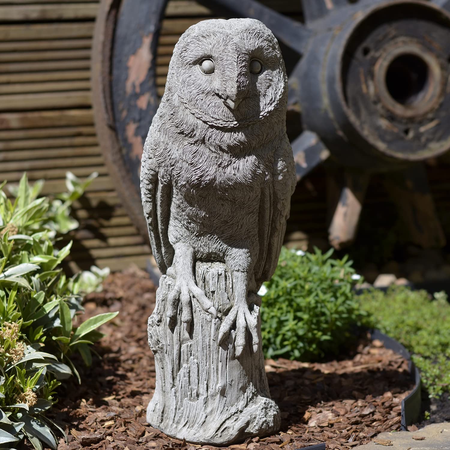 ONEFOLD - Perched Barn Owl Garden Ornament | Hand Cast Stone Garden Statue | Detailed decor | Gift Idea