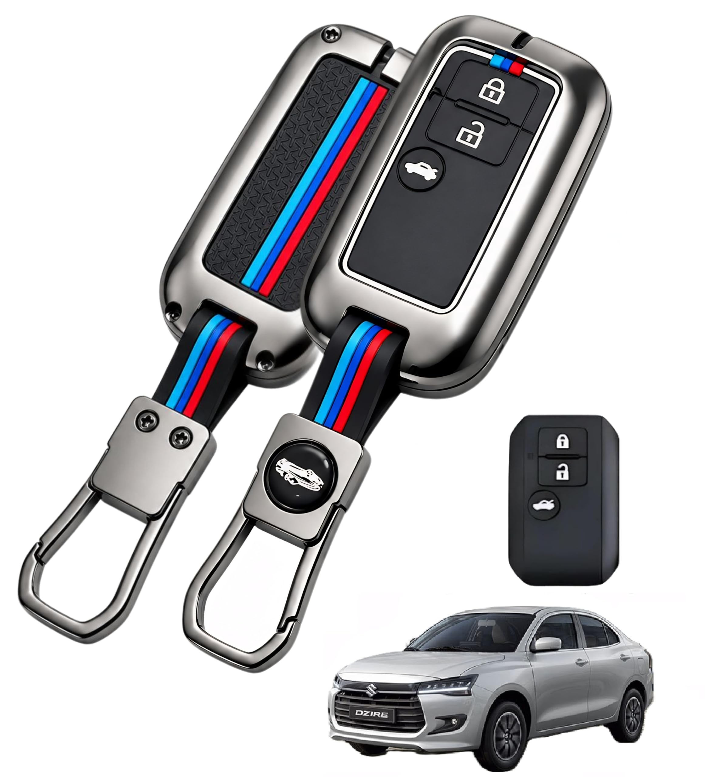 Premium Metal Key Fob Cover for Maruti Suzuki Dzire, 3-Button Dot Remote Case Shell, Heavy-Duty Zinc Alloy Protective Armor in Metal Black with Silicon Keychai-image-48
