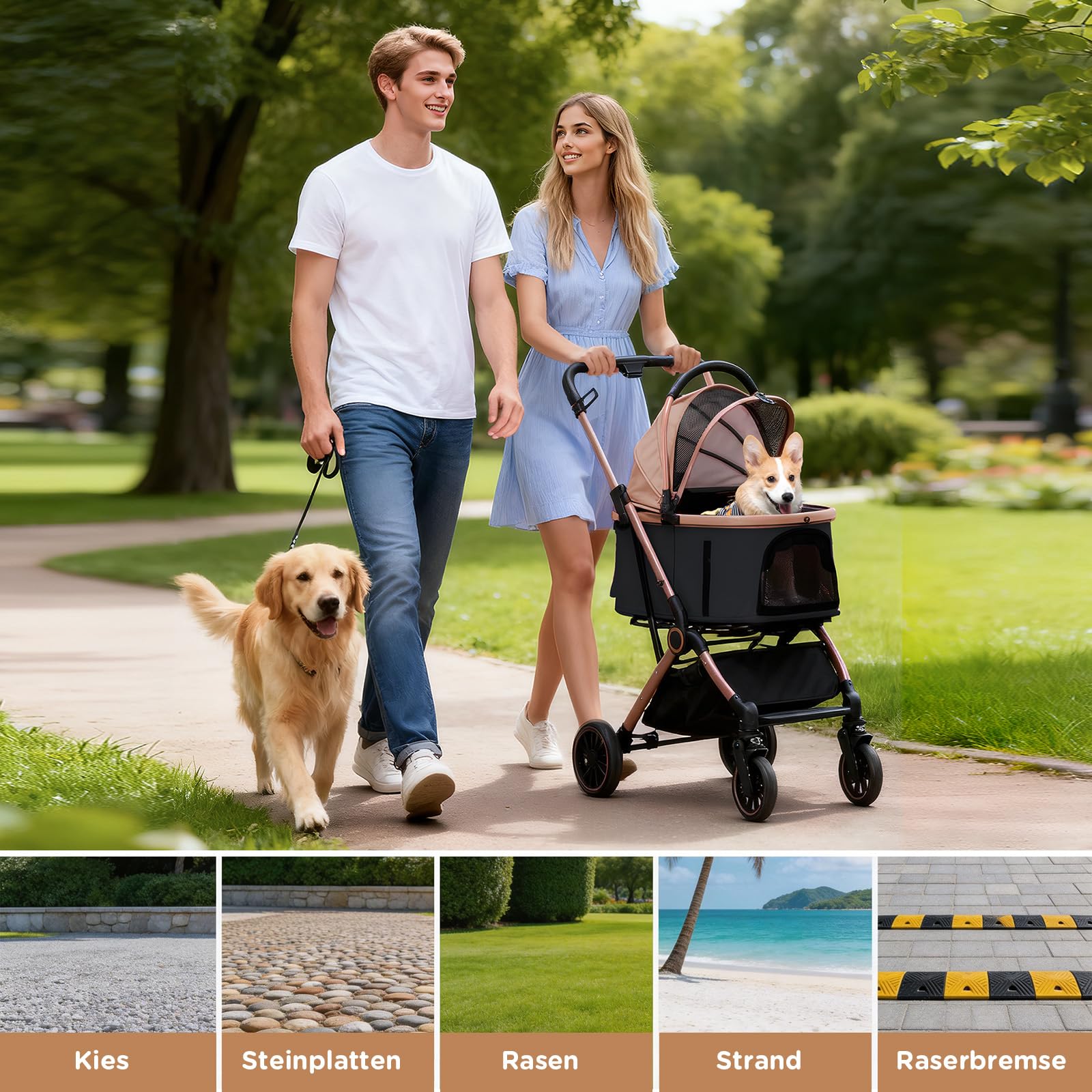 GTPLAYER Hundewagen 4 in 1 Hundebuggy, Hundebox klappbar Hund Kinderwagen bis 25kg, Faltbar Katzenwagen mit 360°Drehrädern, Netzfenstern, Verstellbaren Markise&Getränkehaltern, Roségold