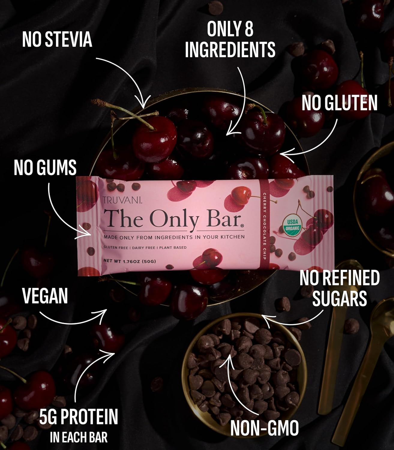 Truvani Plant Based Snack Bars | Cherry Chocolate Chip 12 Pack | 5g Protein | USDA Organic and Vegan | The Only Bar | Dairy, Soy, and Gluten Free | Individually Wrapped