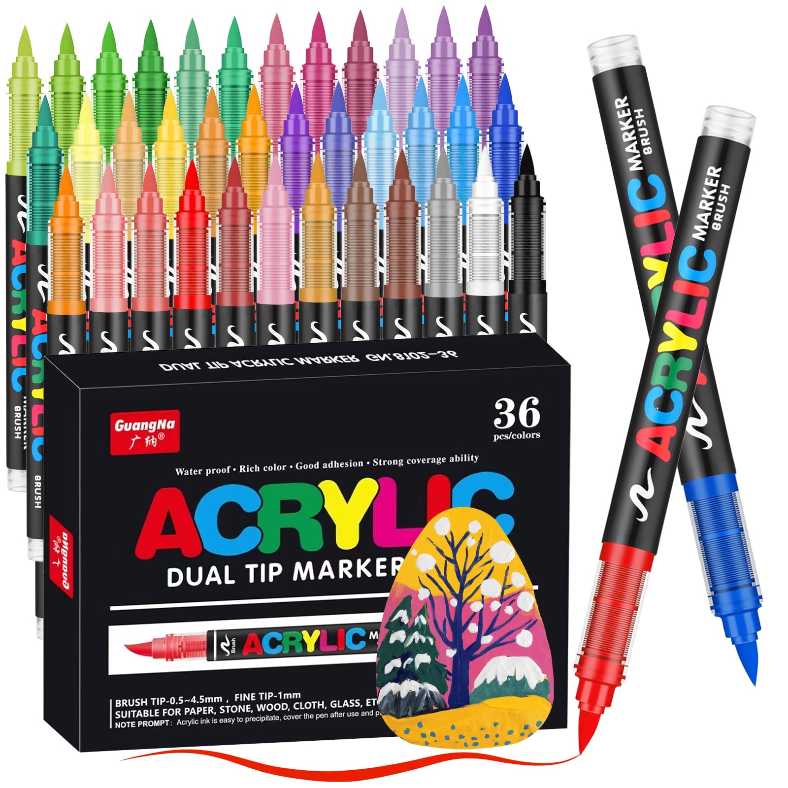 JRQAcrylic Paint Markers Pens, 36 Colors Waterproof & Long-Lasting Ink, Brush Tip Acrylic Markers for Wood, Rock Painting, Glass, Canvas, Ceramic, Fabric, Plastic Art Crafts Supplies Kids Adult