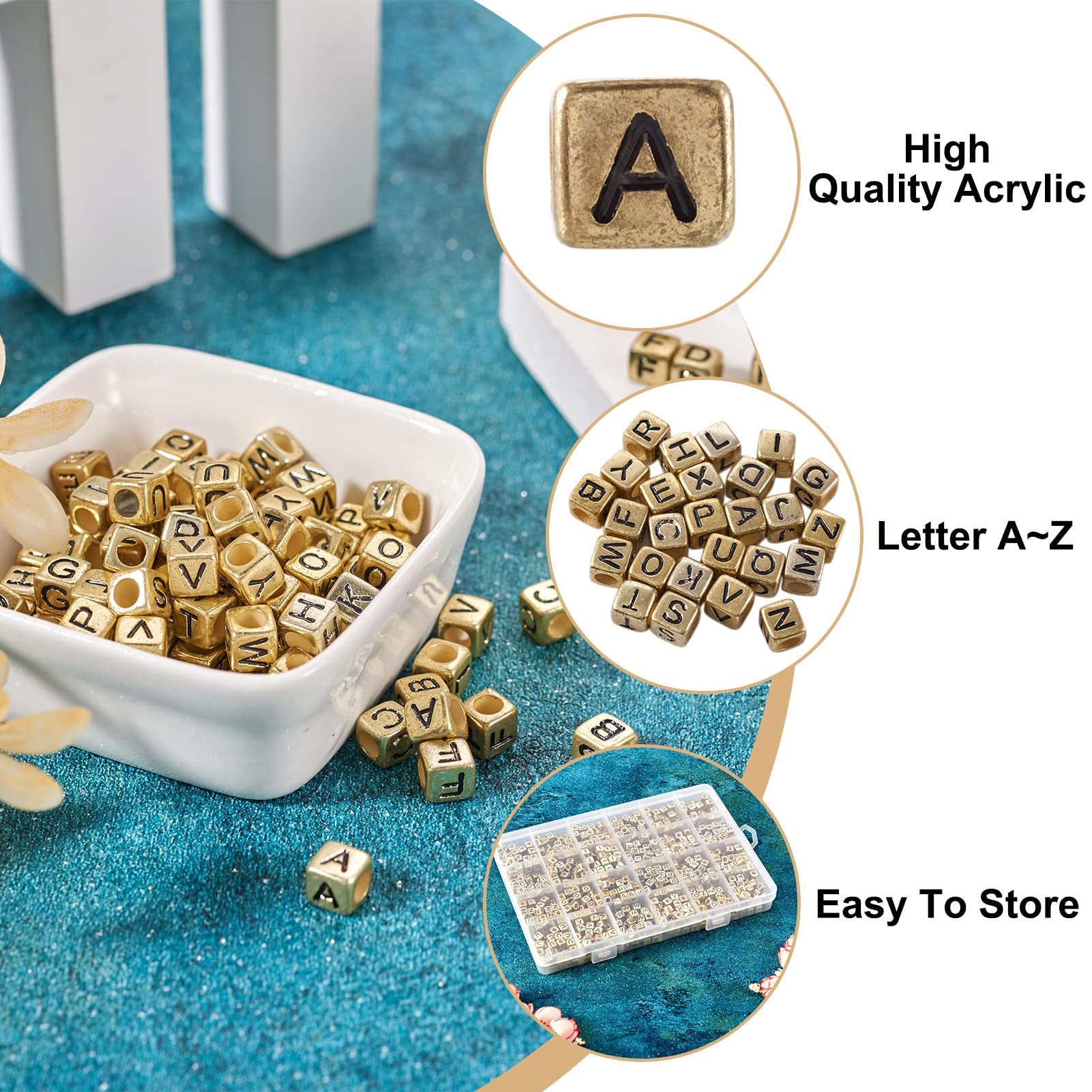 PandaHall 934 Perle Acriliche Oro Con Lettere Nere 6mm – Per Bracciali Nome E Gioielli Fai Da Te