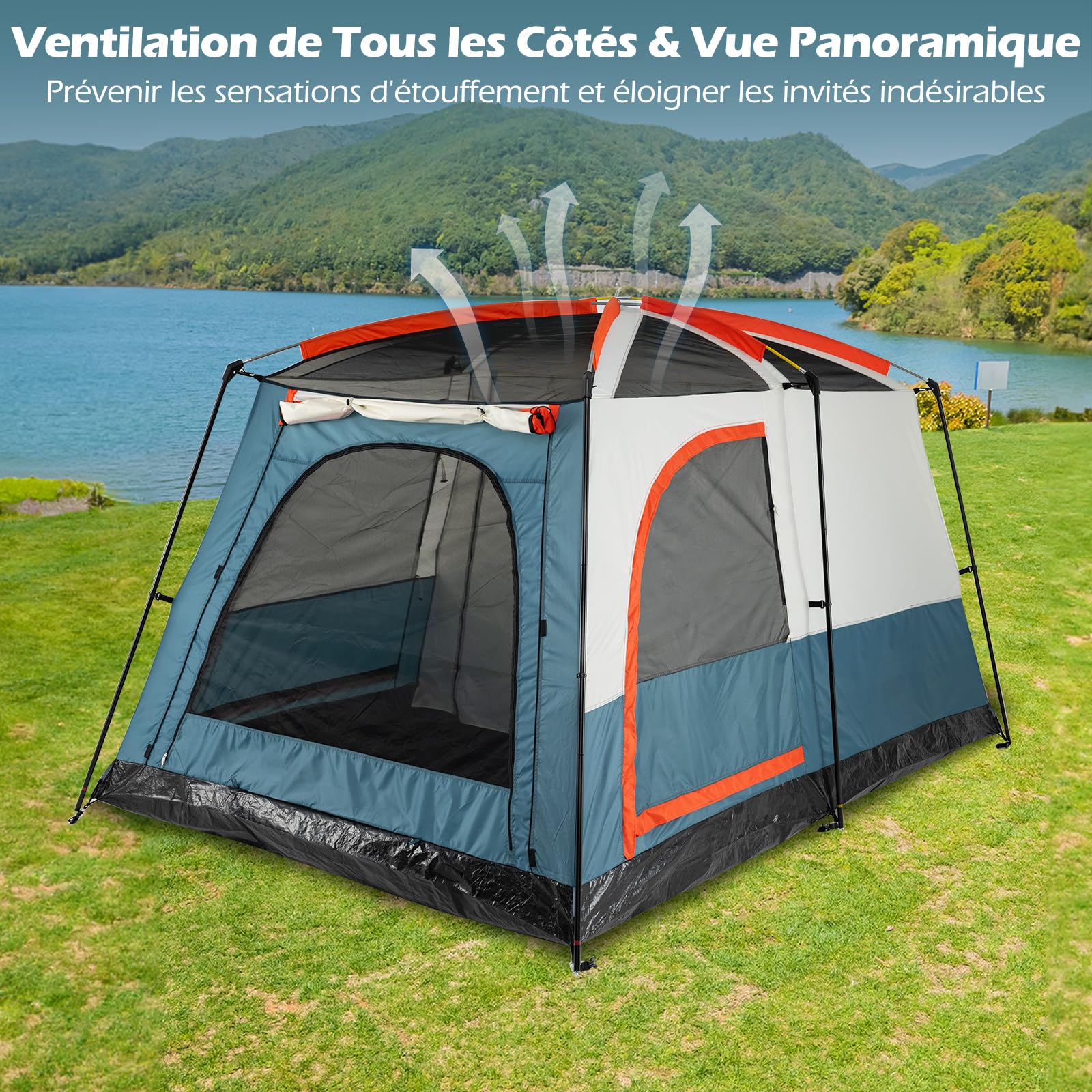 GOPLUS Tente de Camping pour 6 Personnes avec 2 Chambres Séparées, Double Couche & Double Toit, Bâche PE & Fenêtres en Filet, Tente Familiale Imperméable et Coupe-Vent avec Sac de Transport