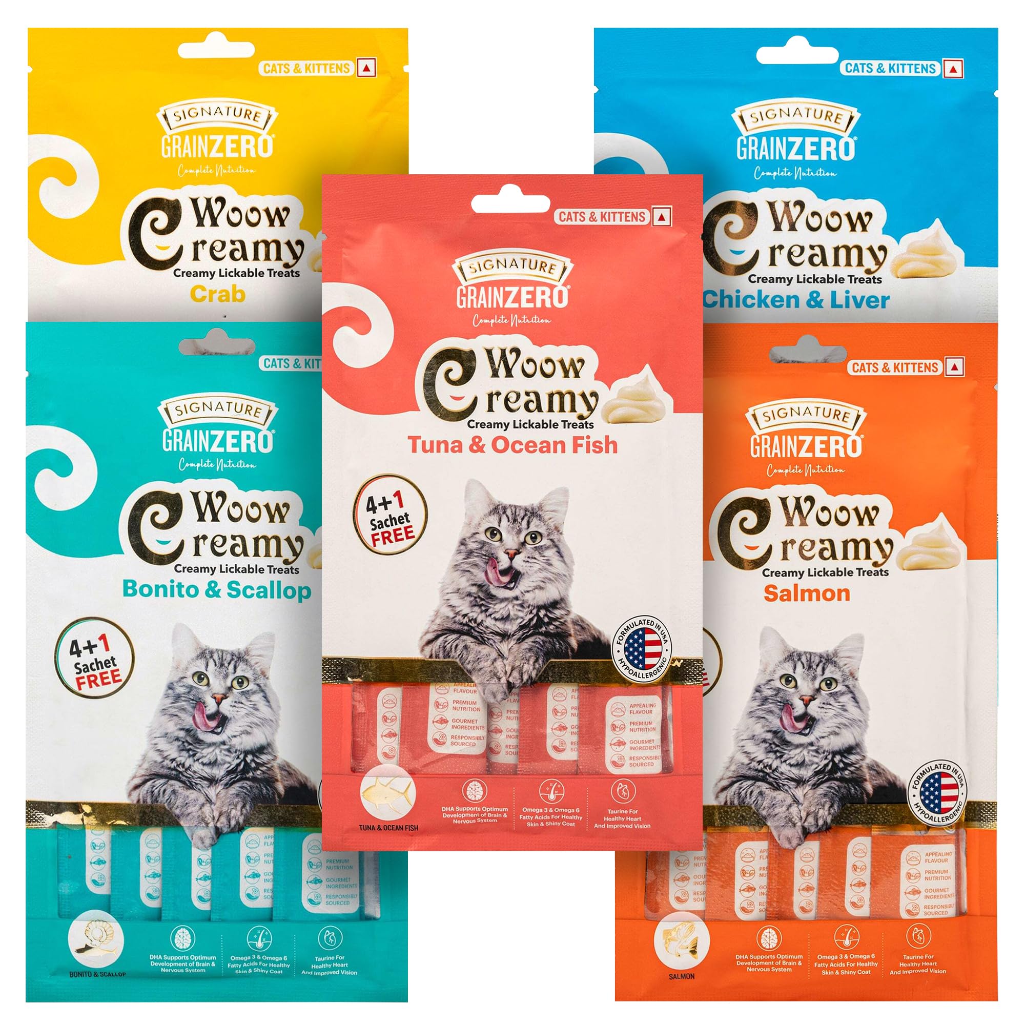 Grain Zero Signature Woow Creamy Lickable Treats For Cat & Kitten Combo - Tuna & Ocean Fish, Chicken & Liver, Salmon, Bonito & Scallop And Crab -(75 Gm Each)
