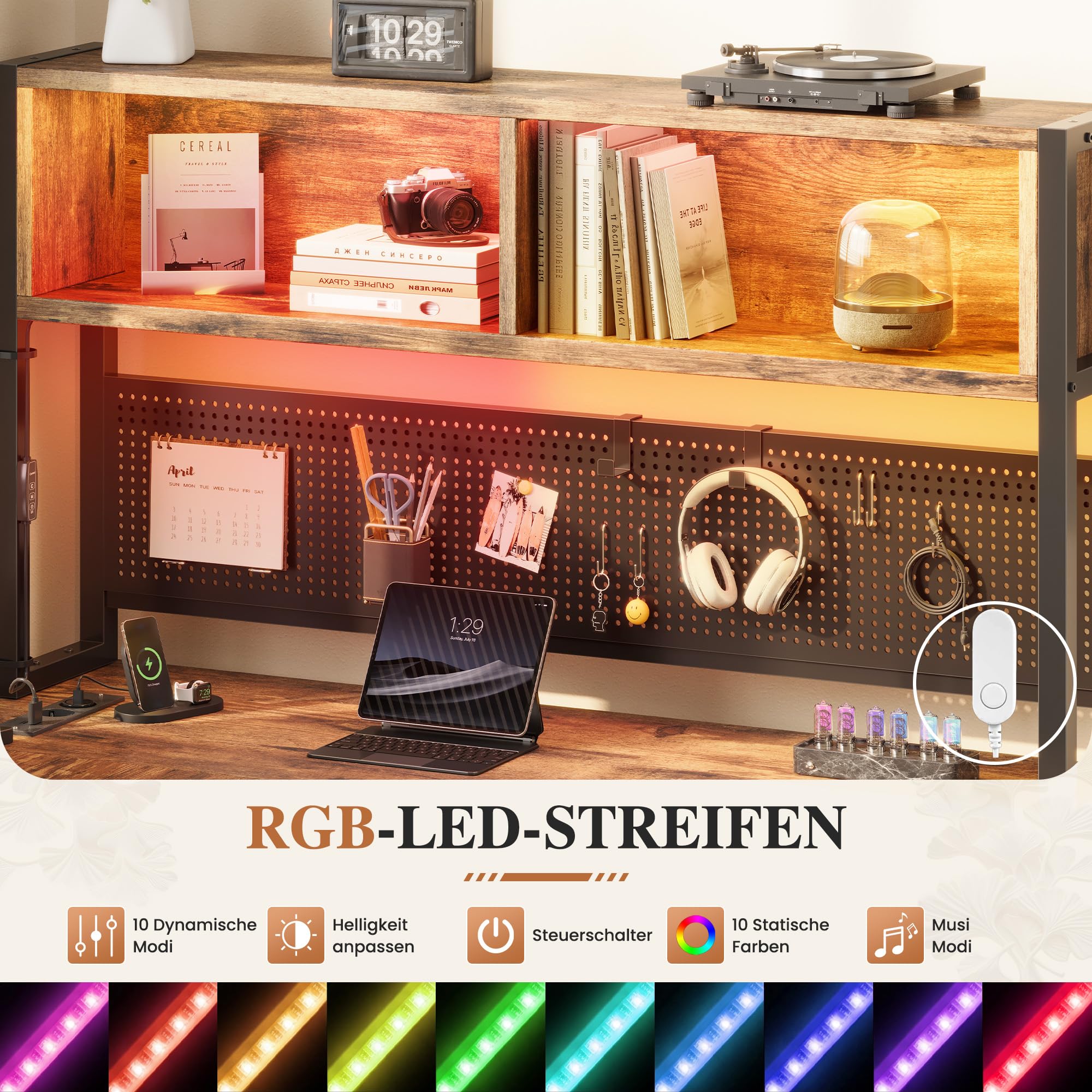 YOUDENOVA L Form Schreibtisch Reversibel, Gaming Tisch mit LED, Steckdosen & USB, Eckschreibtisch mit Regal & Lochwand, 3 Schubladen Computertisch für Büro Wohnzimmer Homeoffice Gaming 135x100 Braun