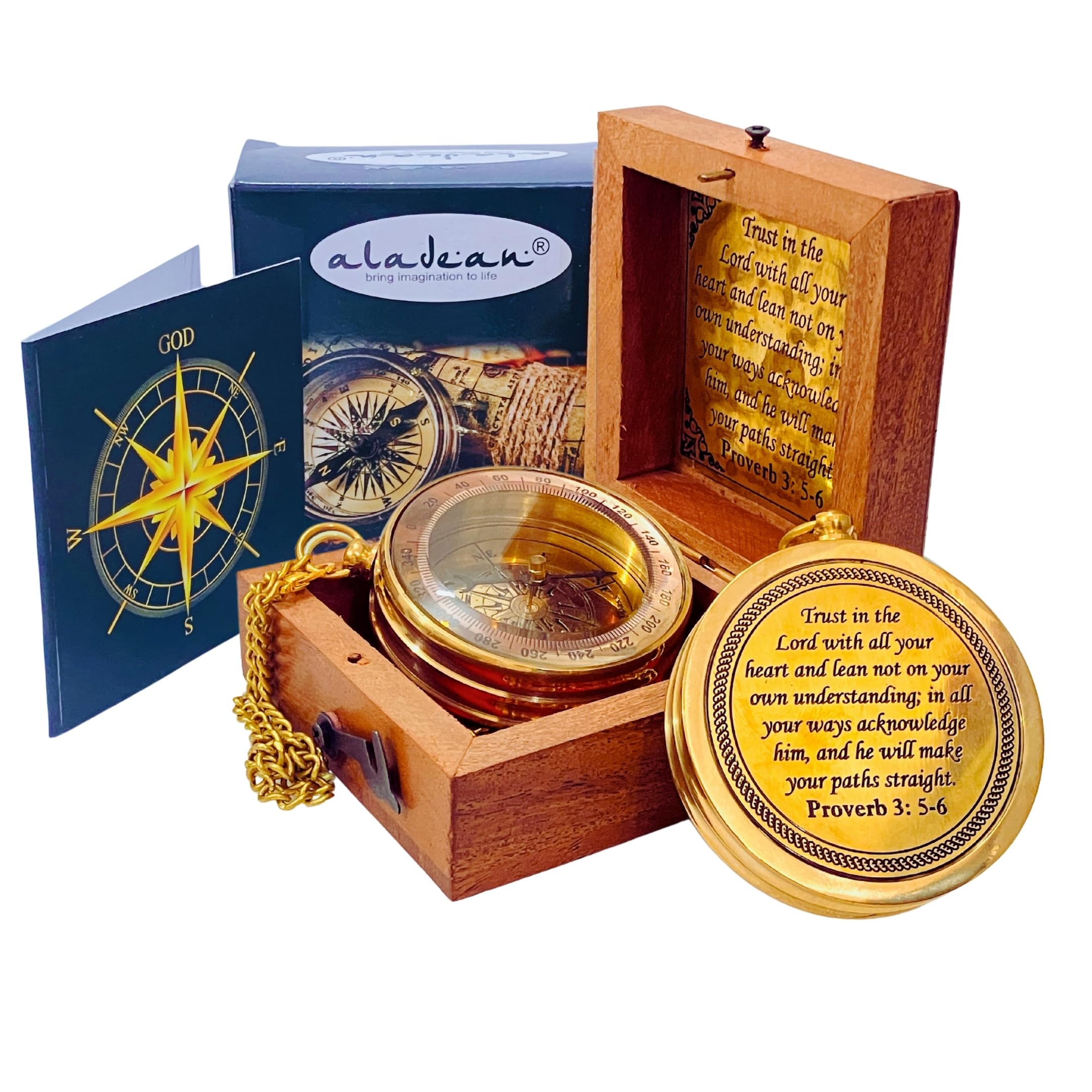 Trust in The Lord - Proverbs 3: 5-6 Engraved Compass, Wood Box Greeting, Inspirational Gift Men, Christian Boys Baptism Gifts, Graduation Day