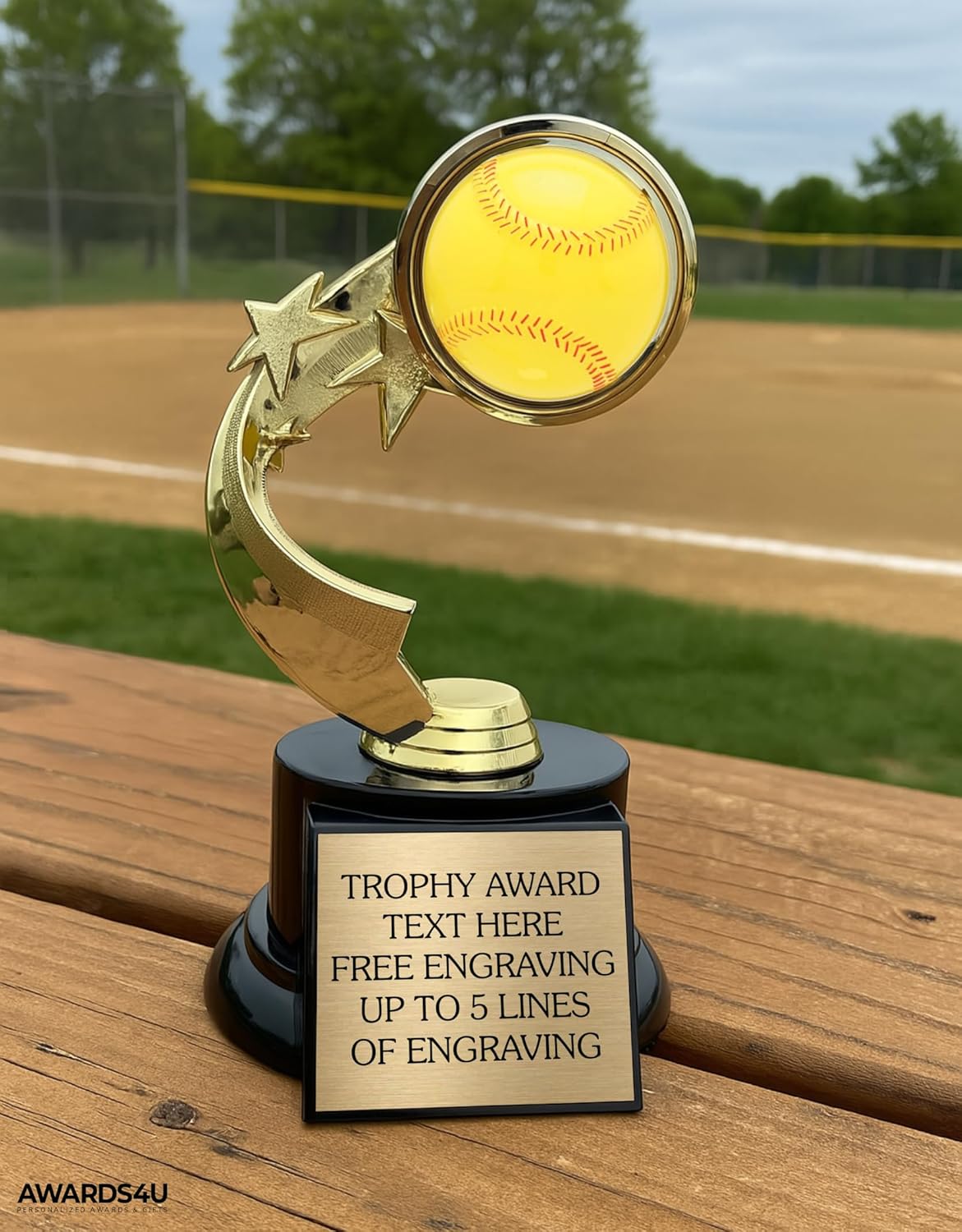 Softball Trophy - 7” Tall Gold Award with Custom Engraved Plate - Personalized Softball Trophies for Girls, Teams, Coaches & MVP – Yellow 3D Ball on Star Riser - Customize Now