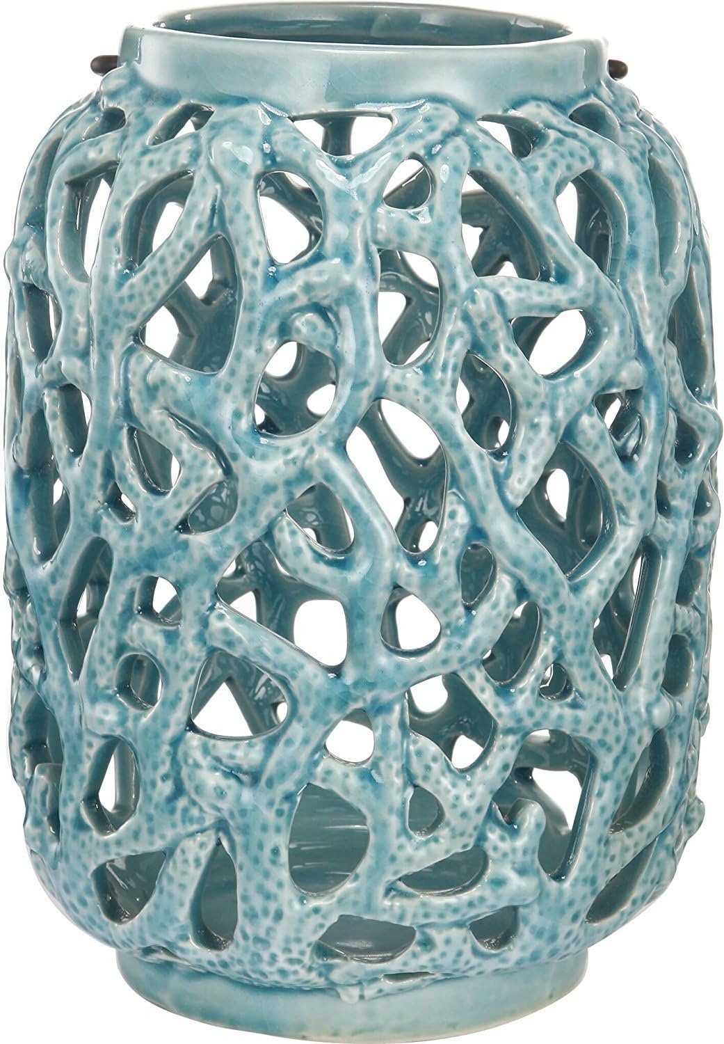 Green Turquoise Geometric Link Ming Dynasty Cutwork Ceramic Garden Candle Holder Lantern