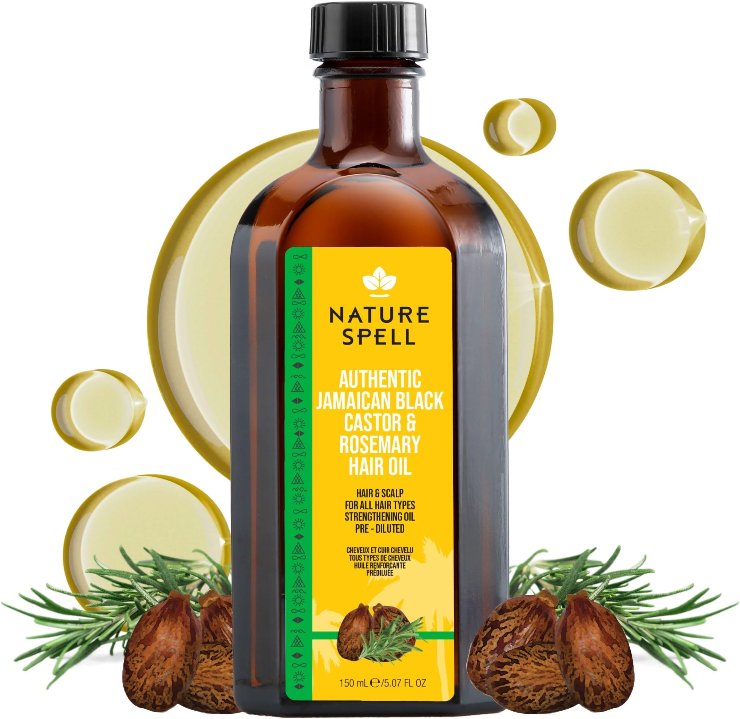 Nature Spell Jamaican Black Castor and Rosemary Oil Blend for Hair & Scalp, Pre-Diluted Oil to Strengthen Roots and Smooth Strands, For All Hair Types, Vegan, 150ml