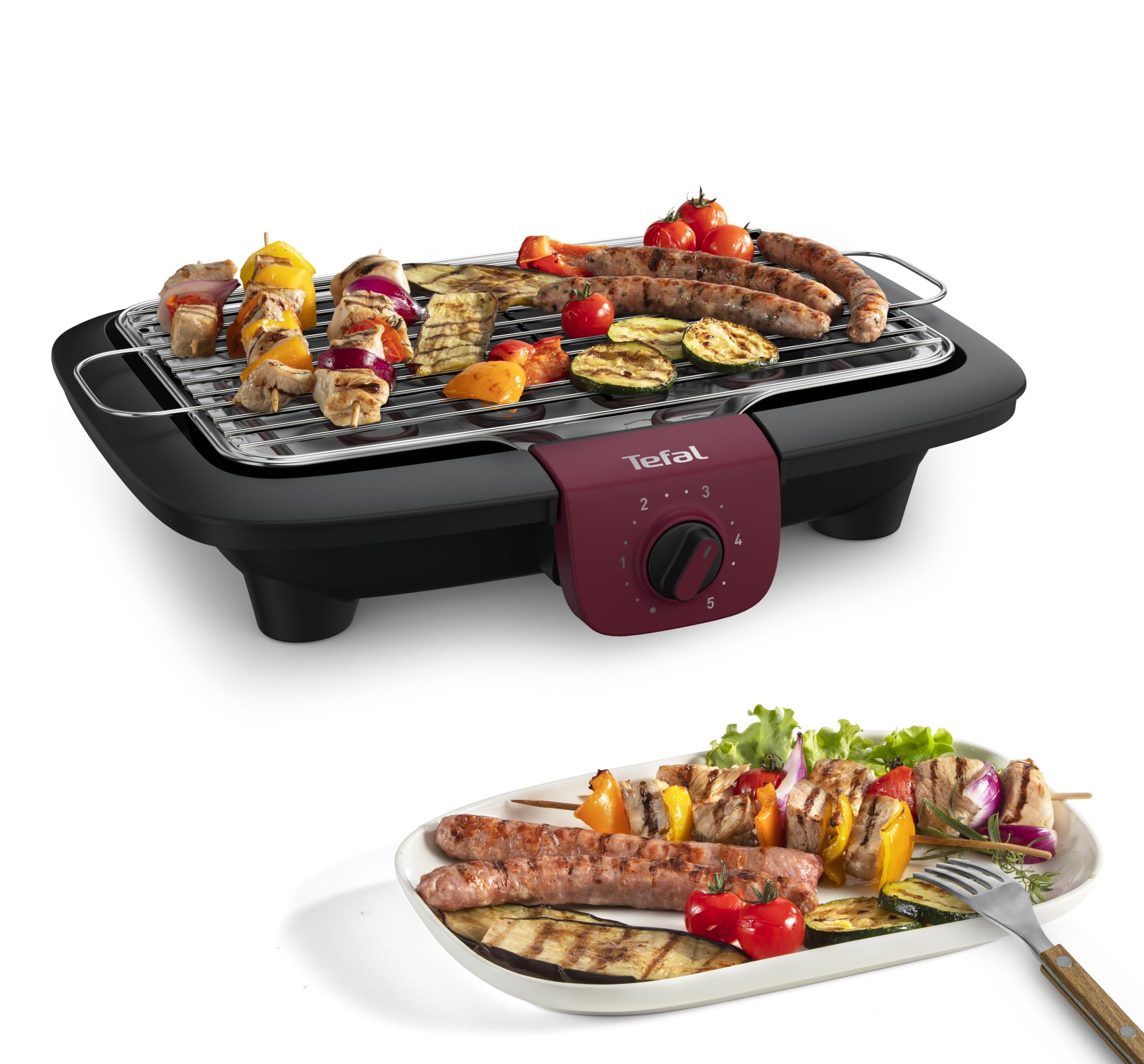 Tefal, BG90E5 Easygrill Adjust, barbecue elettrico da tavolo, 2300 Watt, superficie grill 720 cm², facile da pulire, nero/bordeaux