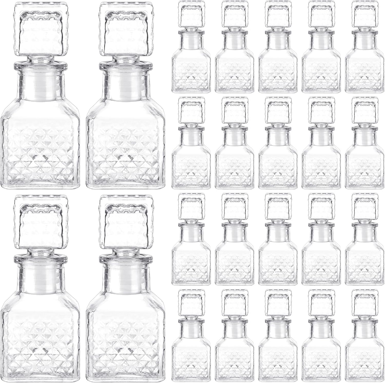 Chuangdi 24 Pcs Mini Glass Wine Bottles 1.7oz Glass Patron Bottles with Stopper Decorative Tequila Bottle for Whiskey Vanilla Extract Champagne Wedding Baby Shower Party Favors(Square Style)