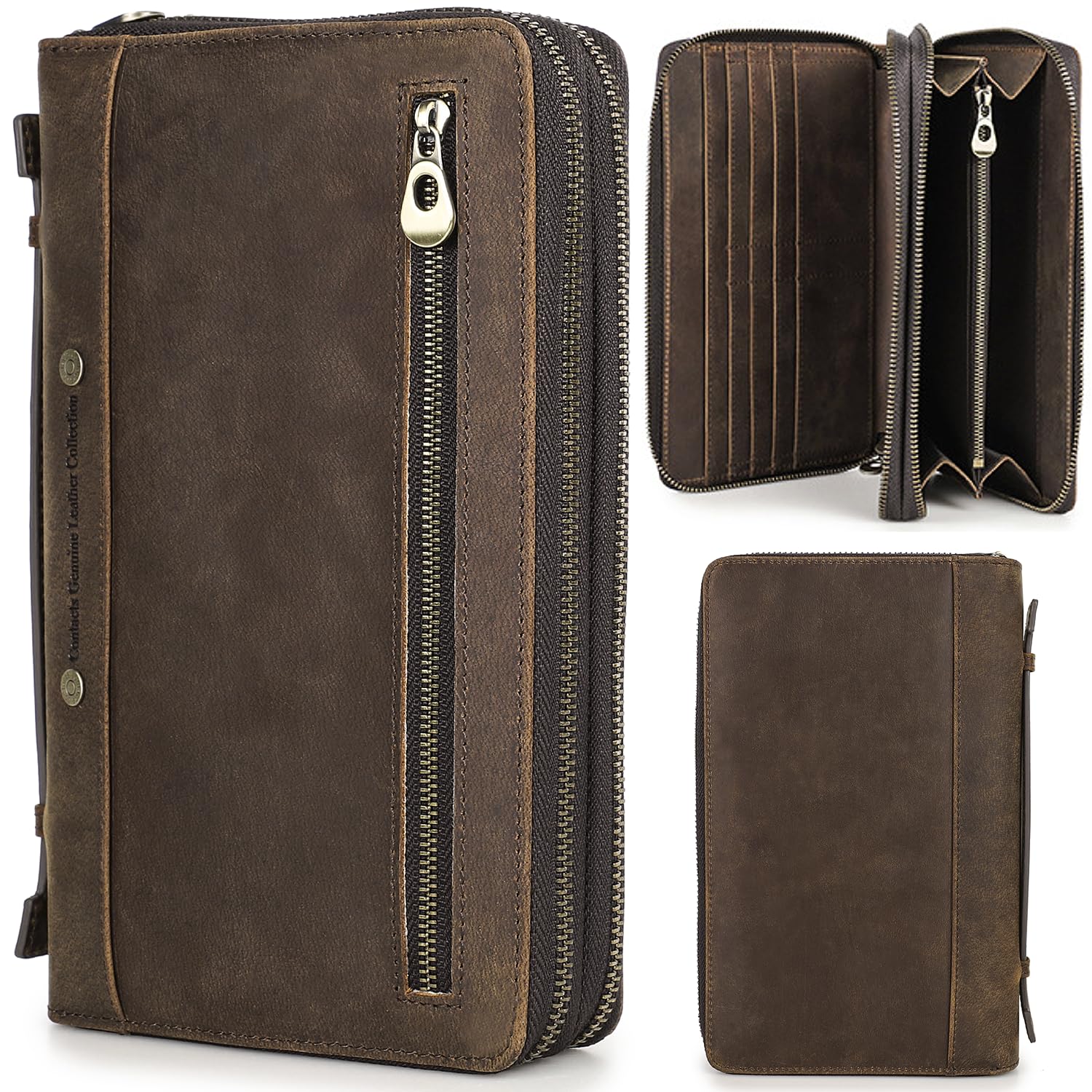 Top Grain Genuine Leather Clutch Wallet Bag with Hand Strap for Man & Woman, Handmade Minimalist Vintage Design, 2 Zip Pockets & Multi Slots, RFID