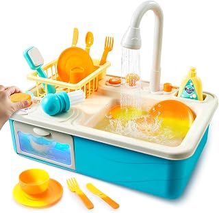 Lalalark Color-Changing Kids Play Sink with Running Water, Electric Dishwasher, Chopping Sounds - Toddler Pretend Kitchen Toy
