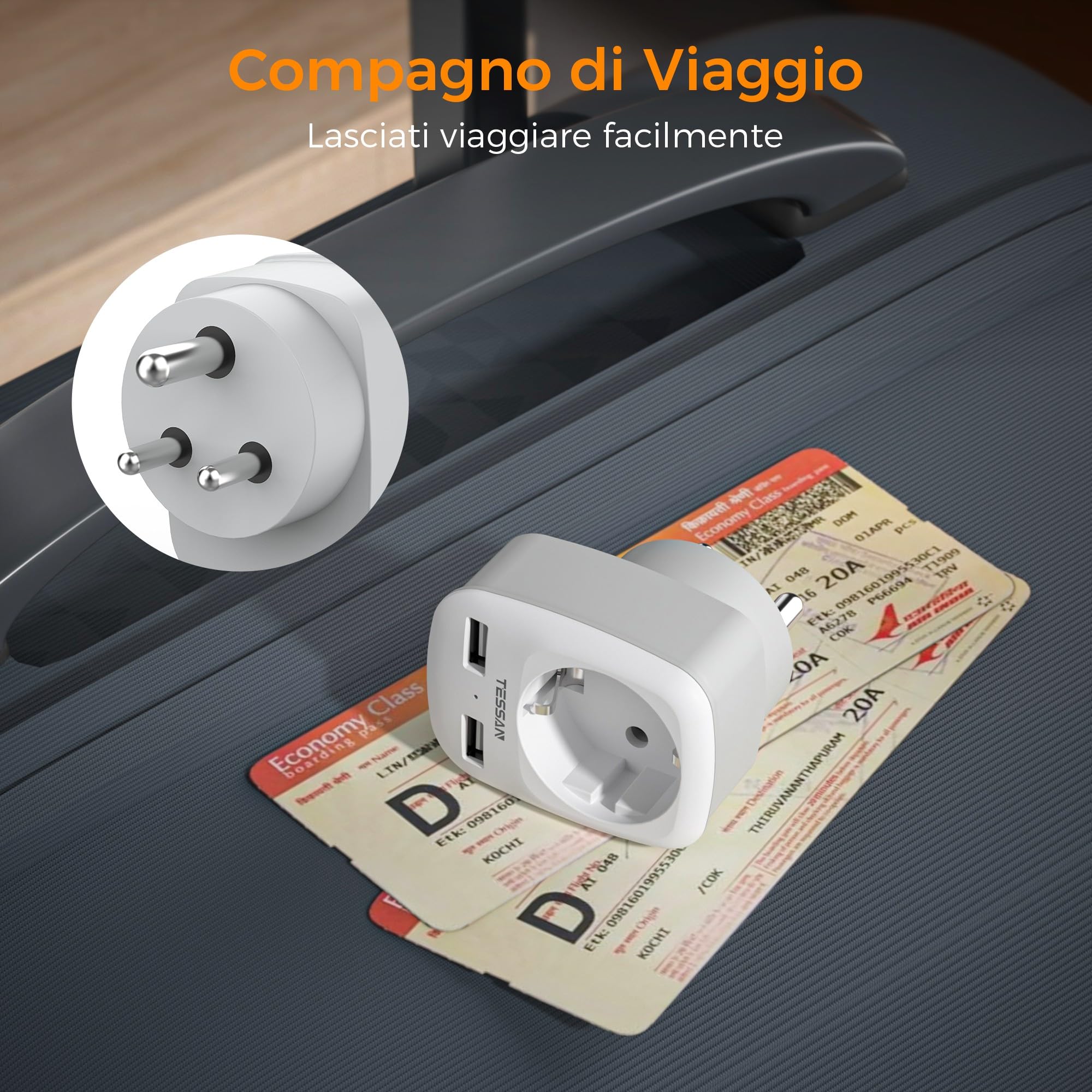 TESSAN Adattatore Presa India, Adattatore India con 2 USB, Adattatore da Viaggio UE a India, Adattatore Spina India, Adattatore Presa Tipo D per India,Sri Lanka, Nepal