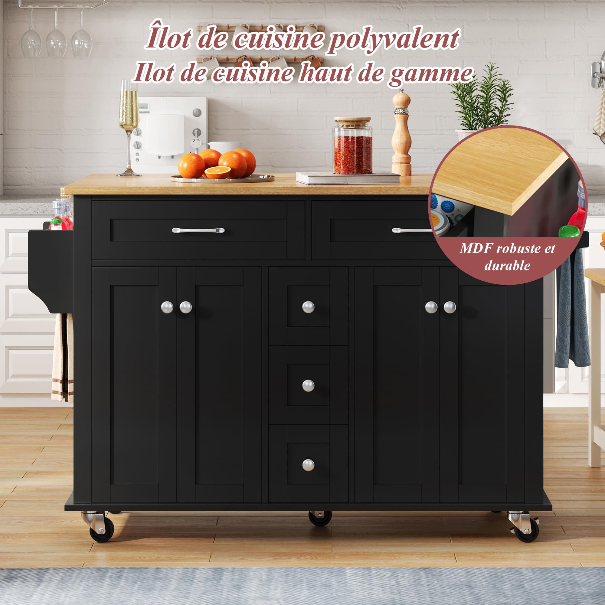 Carrello da cucina, isola da cucina con piano di lavoro pieghevole, 5 cassetti e 4 porte, portaspezie, portasciugamani con ruote, per cucina, sala da pranzo, soggiorno (nero)