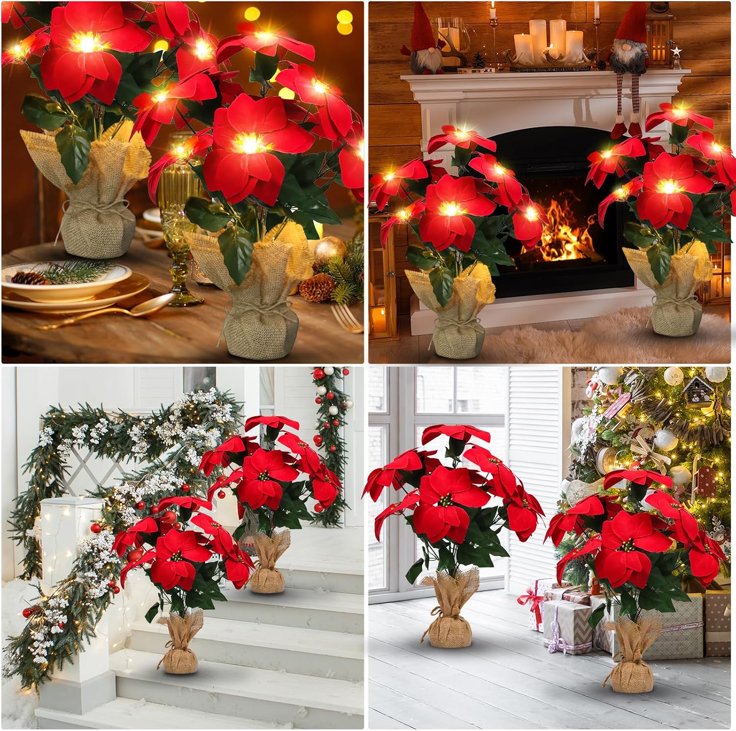 Christmas Decorations 20 Inch Pre-Lit Artificial Poinsettia Plant - 50 LED Lighted Faux Poinsettia Flowers Potted (Red,2 Pack)