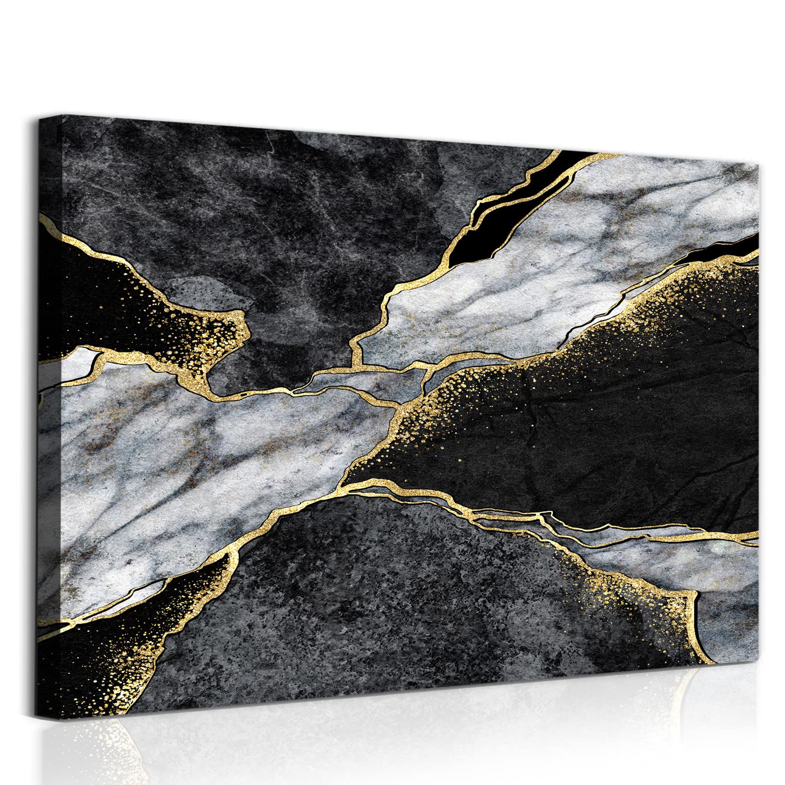 Black White Gray Gold Abstract Wall Art Modern Gold Foil Abstract Paintings Lines Yellow and White Prints with Black Gold Marble Canvas Picture Abstract Poster Marble Black Artwork 16x24inch No Frame