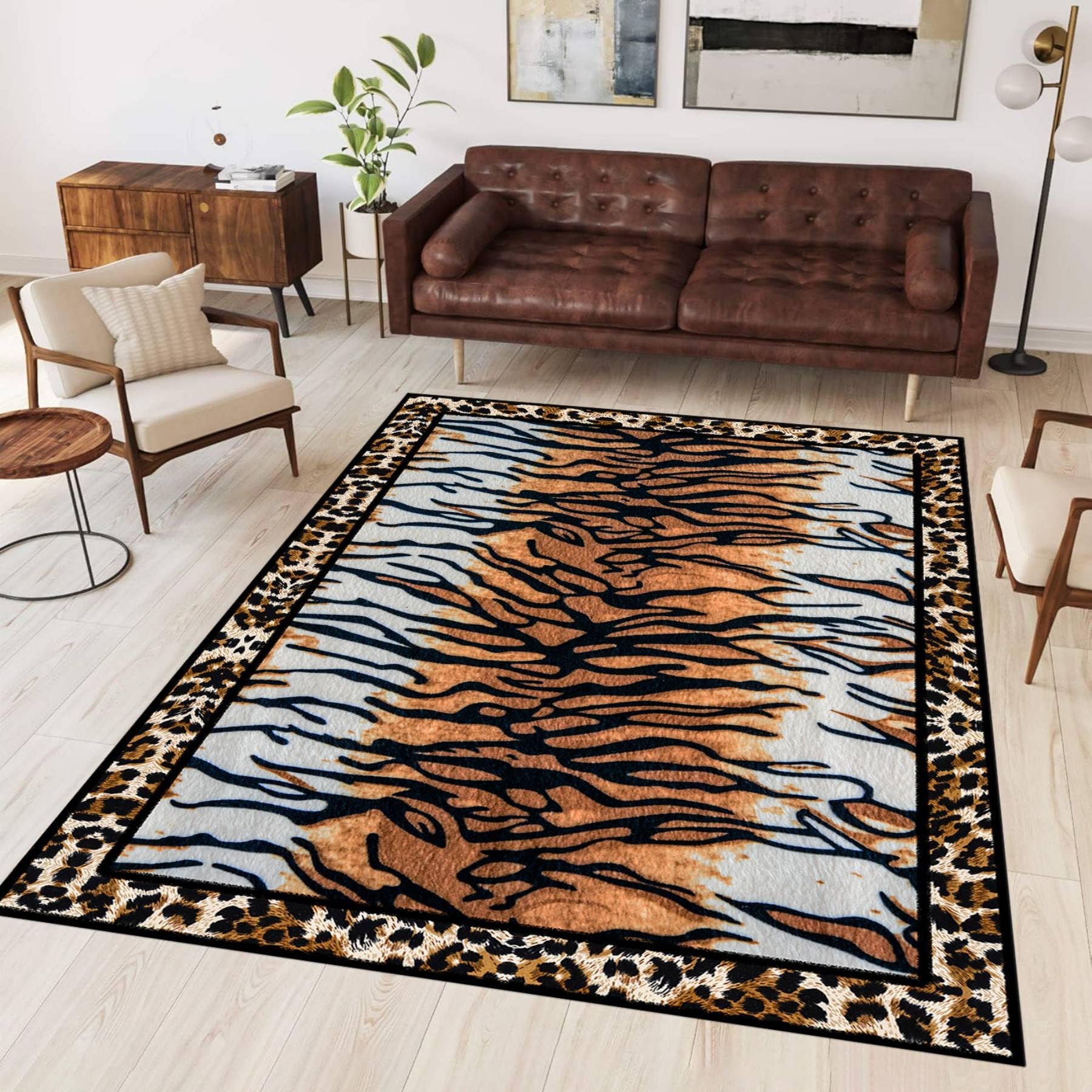 ZLXMN Sexy Leopard Tiger Print Area Rugs 140x200cm Retro Black Brown Animal Skin Print Washable Carpet Low Pile No Shedding Living Room Decoration Anti-Slip Rug for Bedroom