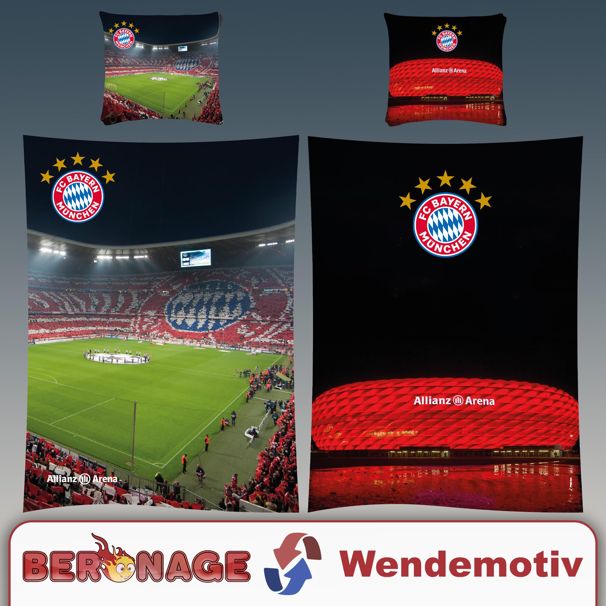 FC Bayern München Wende-Bettwäsche - Allianz Arena 135x200 + 80x80 cm 100% Baumwolle Biber/Flanell Fußball FCB Harry Kane Musiala Rekordmeister Champions-League-Sieger deutsche Größe mit RV