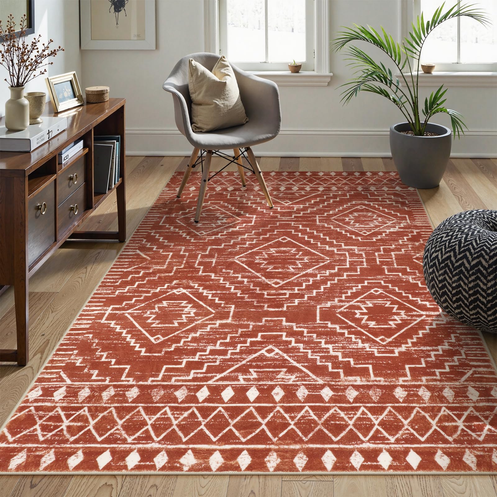 Wonnitar Moroccan 5x7 Area Rugs, Large Soft Rug for Dining Room, Washable Bohemian Tribal Living Room Bedroom Rug, Geometric Non-Shedding Indoor