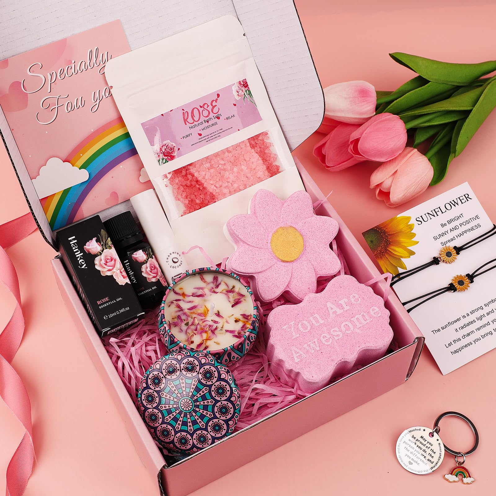 Pearshek 10pc Rose Pamper Gift Set for Women, "You Are Awesome" Self Care Kit with Sunflower Wish Bracelets & Lip Balm - Image 2