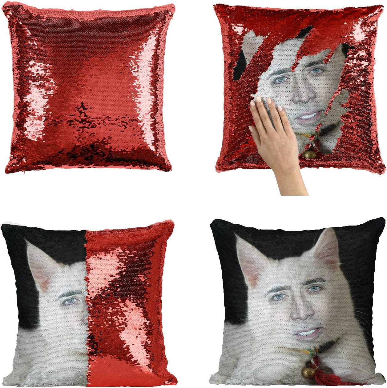 Generic Nicolas Cage White Cute Cat Pillowcase, Décor Office Decorative, Funny Gift for Kids, Interesting Finds, Magic Mermaid Reversible CushionADD Pillow Insert, Red