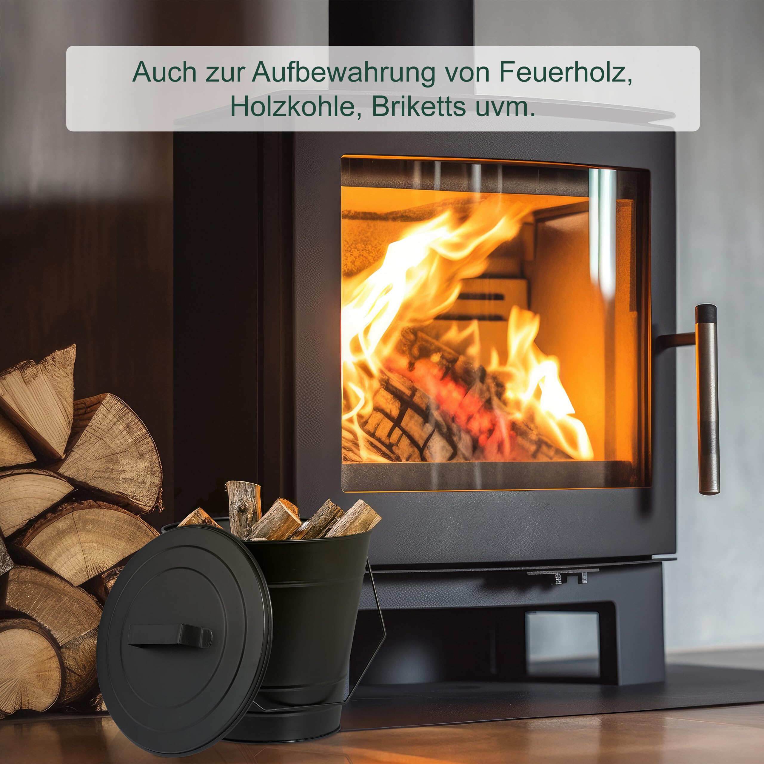 Relaxdays Ascheeimer mit Deckel, Henkel, 7 Liter, Eisen, Aschetonne für Kohle & Asche, Kamin, Ofen, Kohleeimer, schwarz