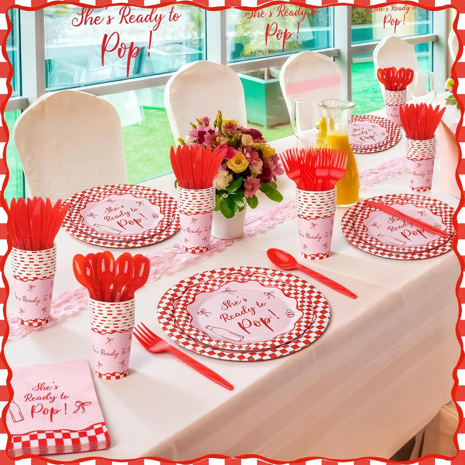 Hushee 175 Pcs She's Ready to Pop Baby Shower Decorations Baby Shower Plates and Napkins Red and White Tableware for Guest Serve 25 Gender Reveal Newborn Party