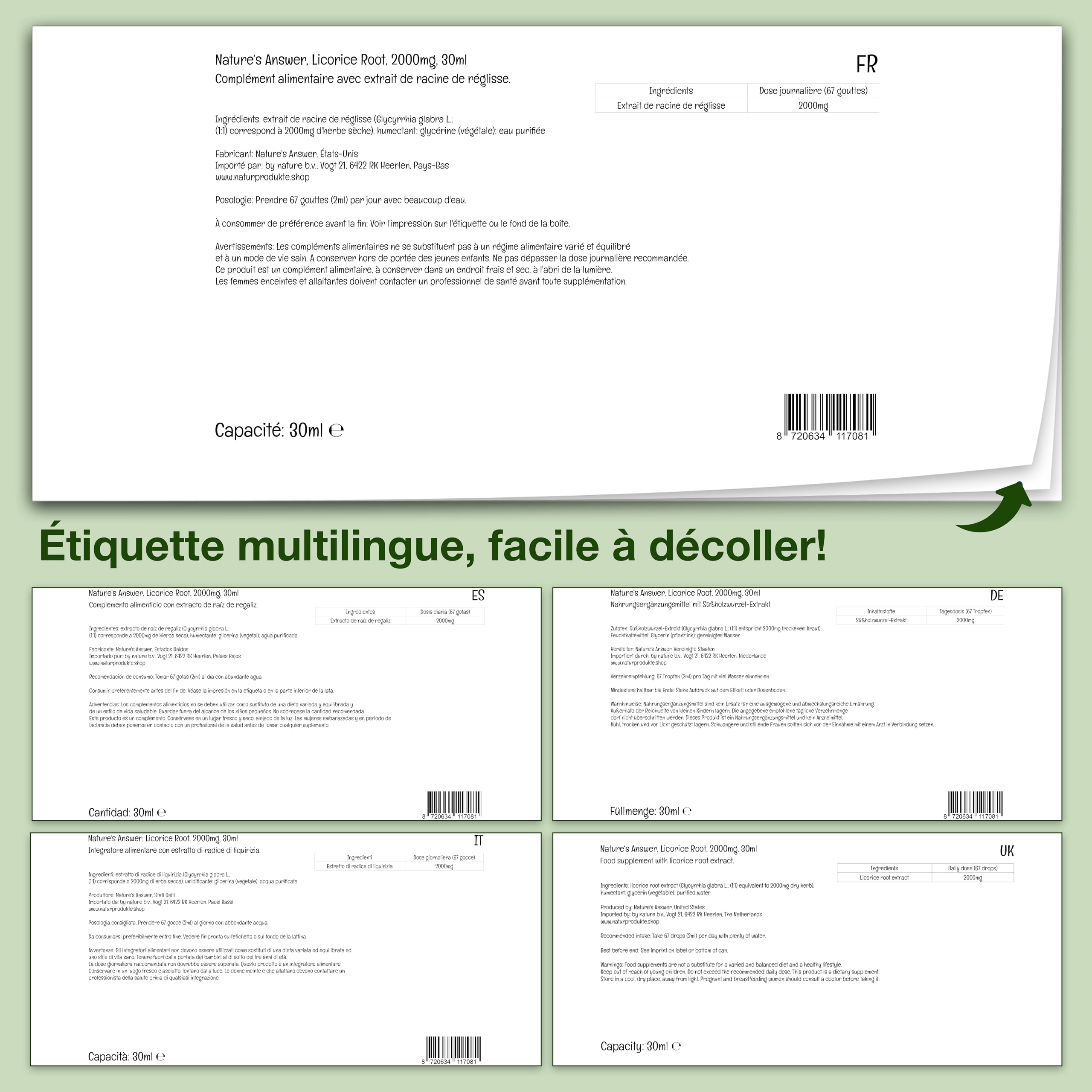 Nature's Answer, Licorice Root, 2.000mg, 30ml, Testé en Laboratoire, Sans Gluten, Sans Soja, Végétarien, racine de réglisse sous forme d'extrait liquide