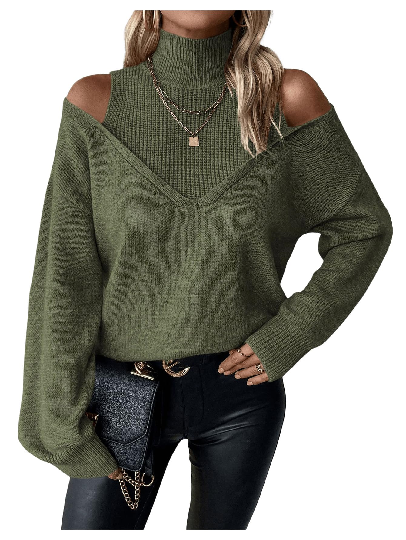 Womens Cold Shoulder Sweater Sexy Turtelneck Cut Out Pullover Sweater Casual Long Sleeve High Neck 2 in 1
