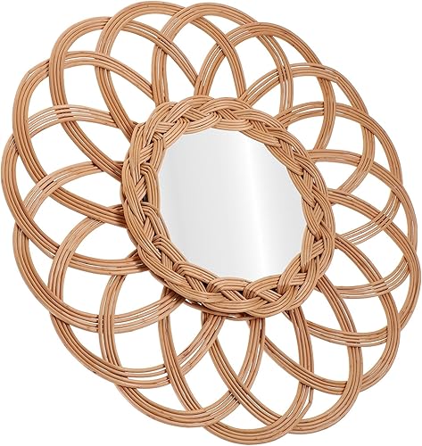VOSAREA Arte de pared decorativo de espejo tejido bohemio para sala de estar, dormitorio y baño, diseño de ratán natural para decoración interior