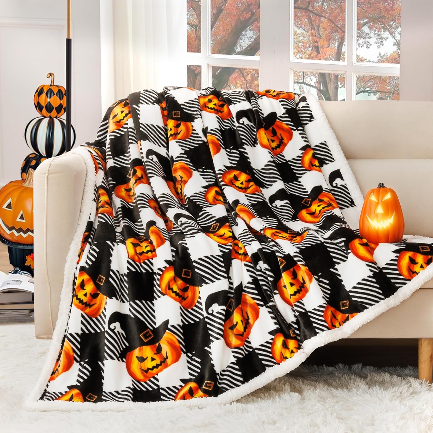 Touchat Halloween Blanket Twin Size 60" X 70"，Pumpkin Sherpa Fall Fuzzy Fluffy Soft Cozy Blankets, Fleece Flannel Plush Microfiber Throw for Couch Bed Sofa, Halloween Decor (BlackHalloween)
