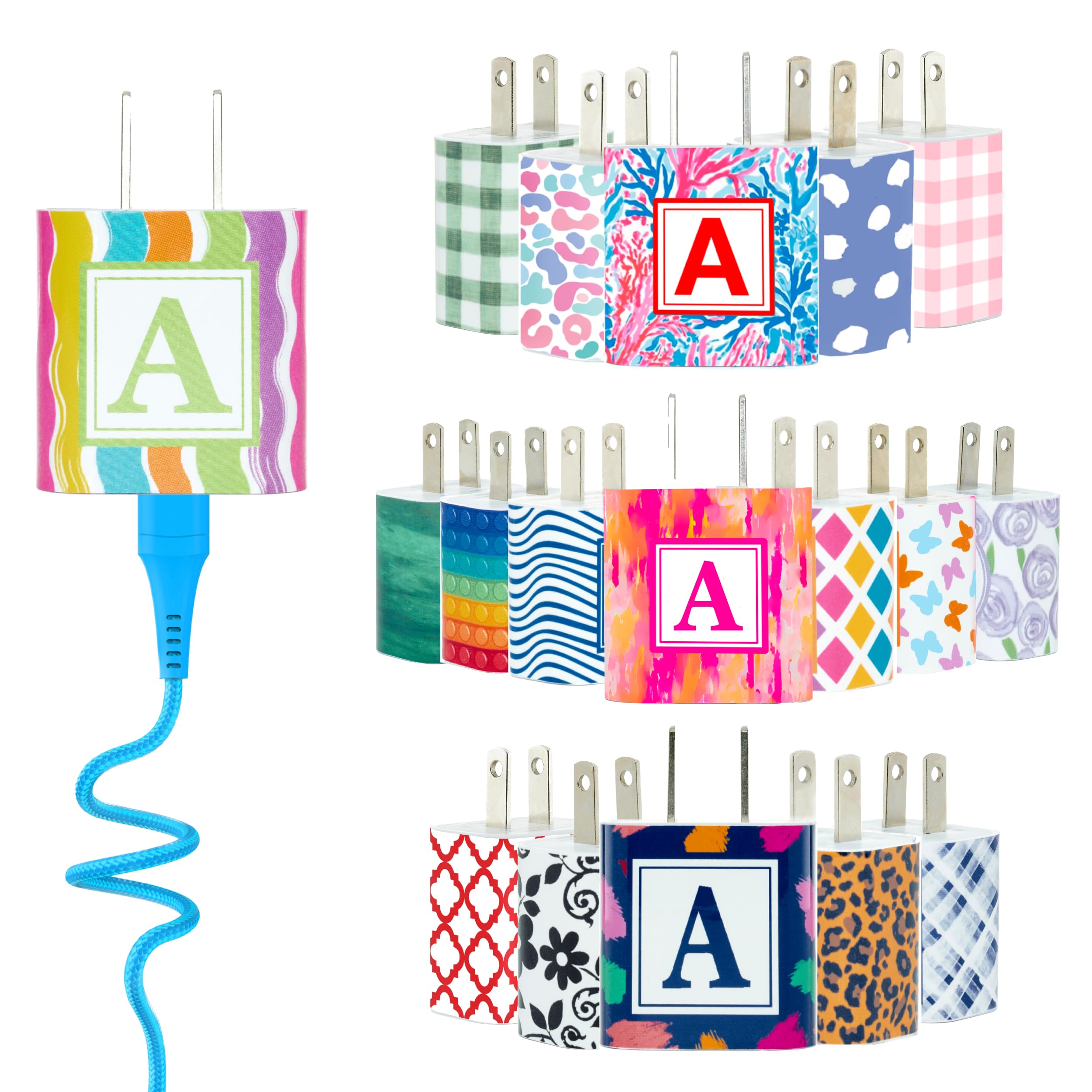 Classy Chargers Monogram Phone Charger Personalized Gift Set for iPhone & Android | Fast Charger 20W GaN or 10W USB A, 2 Ports | 6 FT MFI Lightning Cable for iPhone or USB Type C Cable